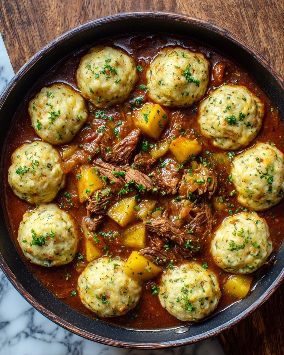 The image shows a dark round pan filled with a stew. Around the edge of the pan, there are eight light golden dumplings sprinkled with small green herbs. Inside the ring of dumplings, there are chunks of brown meat and small yellowish potato pieces mixed in a rich brown sauce, also topped with green herbs. The sauce looks thick and glossy, surrounding the dumplings and meat evenly. The pan sits on a wooden surface, but the background has been changed to a white marbled texture. photo taken with an iphone --ar 4:5 --v 7