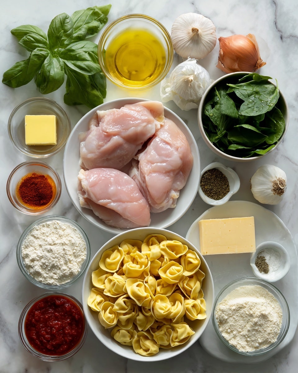 The image shows a flat lay of raw ingredients neatly arranged on a white marbled surface. In the center, a white bowl holds two pieces of pale pink chicken, with a white bowl of yellow cheese tortellini positioned in the lower right. Above the tortellini is a white bowl filled with dark green fresh spinach leaves. To the left of the chicken is a bunch of bright green basil leaves next to a small round shallot and a white bulb of garlic. Surrounding these are small bowls and containers with various ingredients: a clear glass bowl with a yellow square of butter melting in olive oil, a glass bowl with deep red tomato paste, a block of pale yellow parmesan cheese, a small cup of reddish-orange smoked paprika, a tiny bowl of Italian seasoning, a bowl with white flour, a small dish with salt and black pepper, a glass container of orange chicken broth, and a measuring cup of white heavy cream. The ingredients are well-lit with natural light showing clear textures and colors. Photo taken with an iphone --ar 4:5 --v 7
