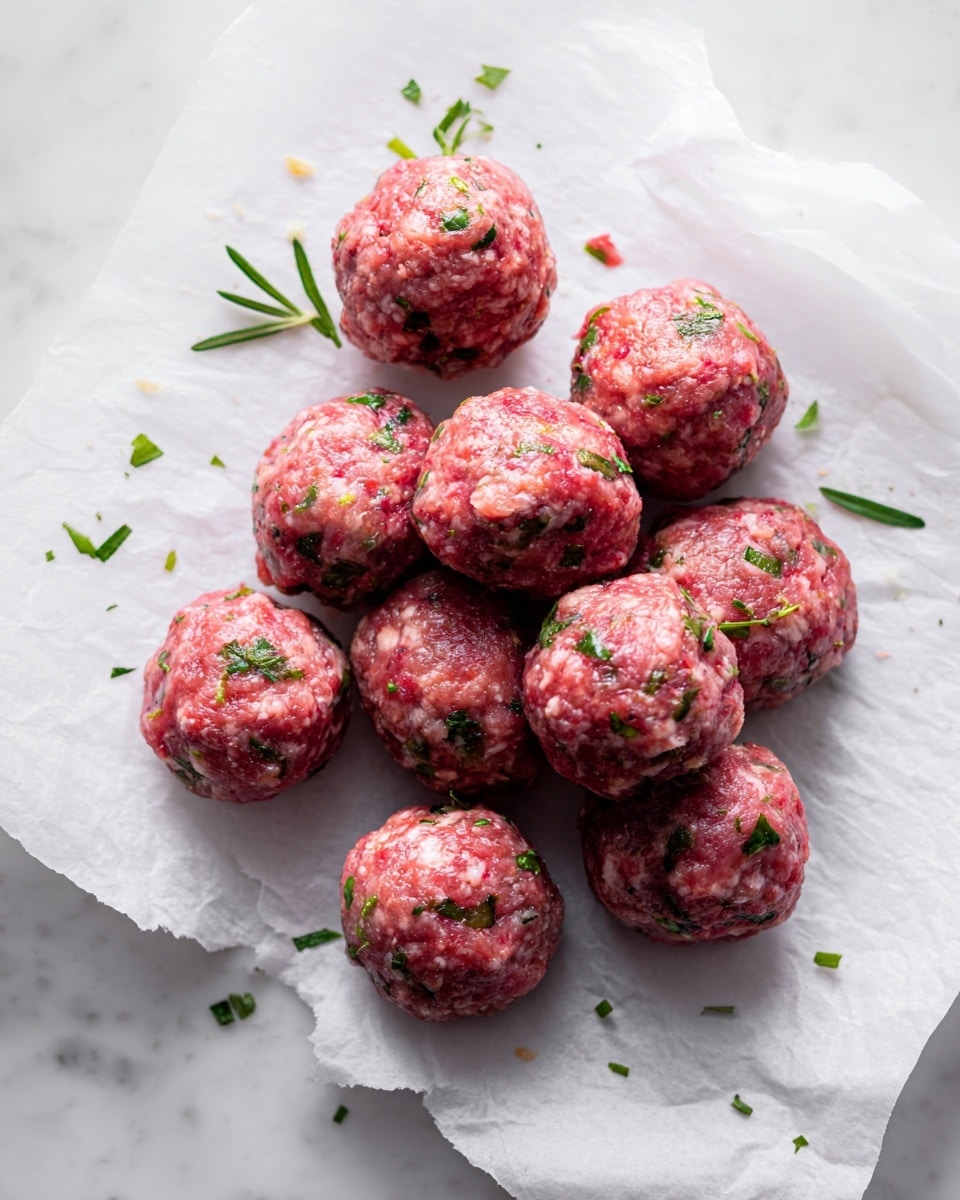 The image shows a group of raw meatballs placed on white parchment paper, which is set on a flat white marbled surface. Each meatball is round and textured with visible bits of green herbs mixed throughout the red and light pink ground meat. The meatballs are arranged in a loose cluster, with some scattered individually, and small herb pieces are sprinkled around them on the paper. photo taken with an iphone --ar 4:5 --v 7