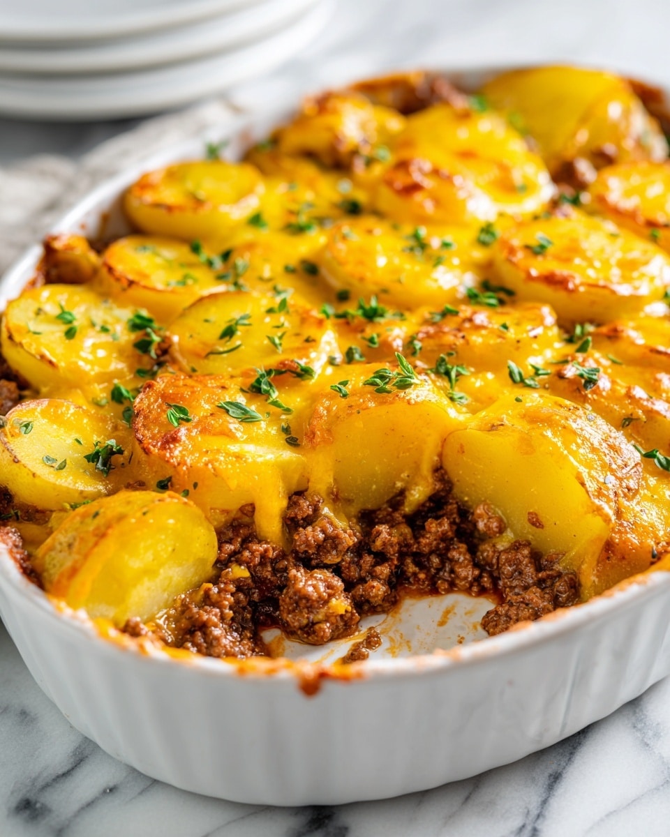The dish shows two layers of thin, yellow potato slices on top covered by a layer of golden melted cheese with bubbly, browned spots. Below the potatoes, there is a thick layer of cooked ground beef with a slightly moist texture, peeking through in some areas. Small pieces of fresh green parsley are sprinkled on top as garnish. The food is served on a simple white plate, placed on a white marbled surface, creating a clean and bright background. Photo taken with an iphone --ar 4:5 --v 7