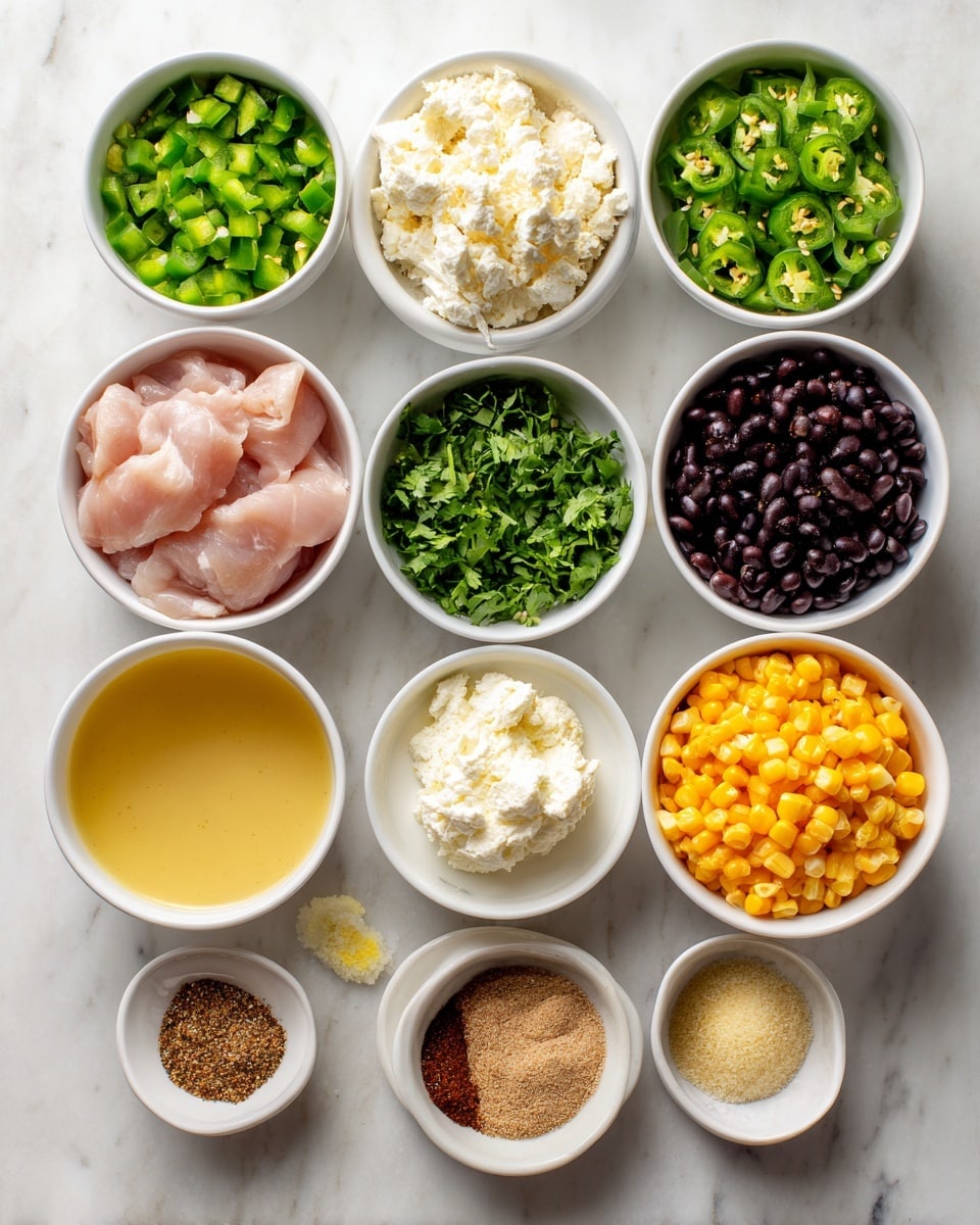 The image shows small white bowls arranged on a white marbled surface. Each bowl contains a different ingredient: bright green chopped jalapenos, soft white queso fresco, light pink raw chicken breasts, fresh green chopped cilantro, dark black beans, a pale yellow mixture labeled as chicken broth, diced bright orange and yellow southwest-style corn, a creamy white bowl of cream cheese at the center, finely chopped white onion, a bowl with a mix of light brown spices (chili powder, cumin, Tajín, salt), and a small portion of light beige minced garlic. The overall arrangement is neat and clean, with the bowls spaced evenly across the surface. photo taken with an iphone --ar 4:5 --v 7