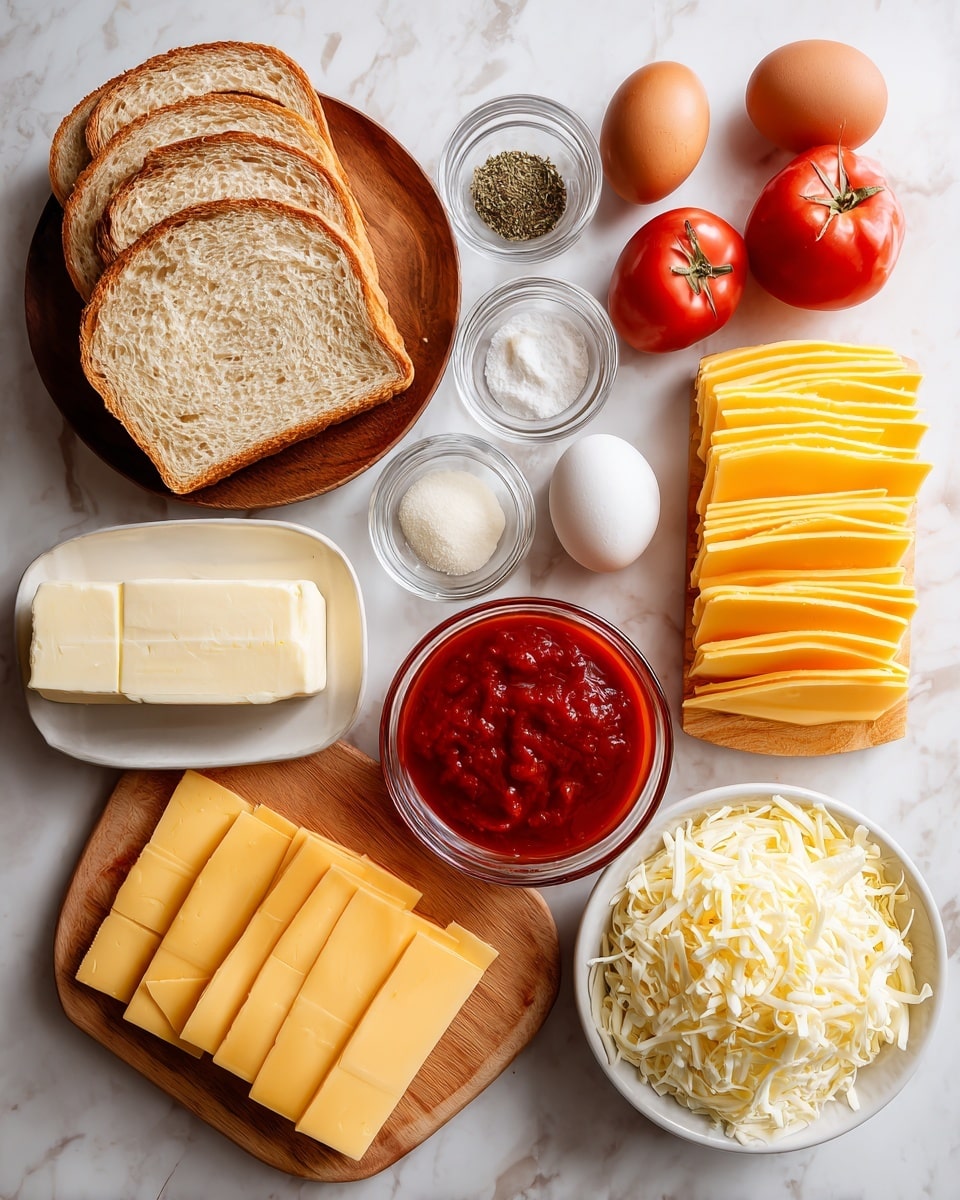 The image shows ingredients laid out on a white marbled surface, arranged neatly in groups. On the left, there are eight slices of light brown bread stacked slightly overlapping on a small wooden board, accompanied by a stick of butter and a block of white cheese. Above the bread are two small glass bowls holding dried herbs and garlic powder. To the right, a wooden board holds ten yellow cheddar cheese slices stacked evenly. Above the cheese are two whole brown eggs and a red tomato. On the far right, there are three containers: a glass measuring cup filled with red chunky tomato sauce, a smaller glass measuring cup with smooth red tomato sauce, and a white bowl full of shredded white cheese. photo taken with an iphone --ar 4:5 --v 7