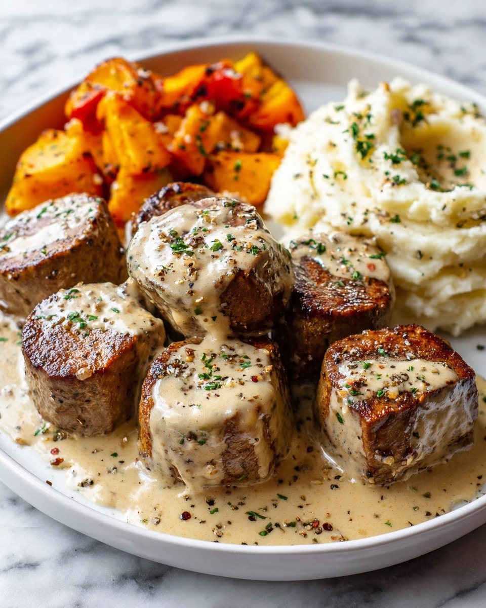 The image shows a white plate filled with several small thick round pieces of browned meat arranged closely together. Each piece is topped with a light creamy sauce sprinkled with black pepper and green herbs. To the side of the meat, there is a serving of whipped white mashed potatoes with a soft and fluffy texture, also sprinkled lightly with green herbs. In the background, some roasted orange vegetables add a splash of color. The whole scene is set on a white marbled surface. Photo taken with an iphone --ar 4:5 --v 7