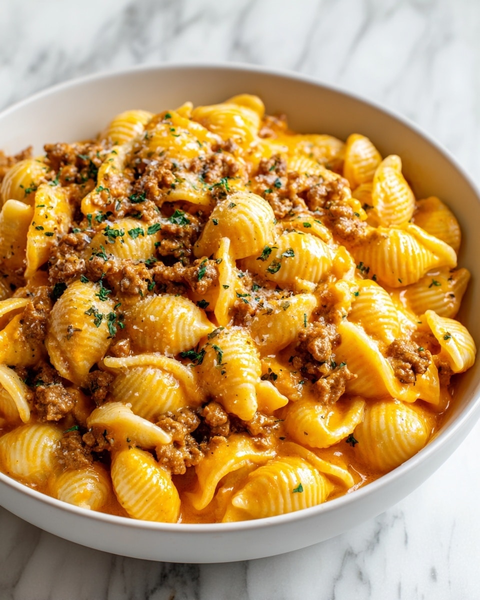 A close-up view of a white bowl filled with a creamy pasta dish, showing three main layers: the bottom layer is smooth, thick orange sauce with a glossy texture; the middle layer consists of small, round, ridged shell pasta pieces that are pale yellow and soft looking; the top layer is crumbled brown ground meat scattered evenly among the pasta. Small green herb leaves are sprinkled on top for color contrast. The bowl sits on a white marbled surface, and the photo is taken with an iphone --ar 4:5 --v 7