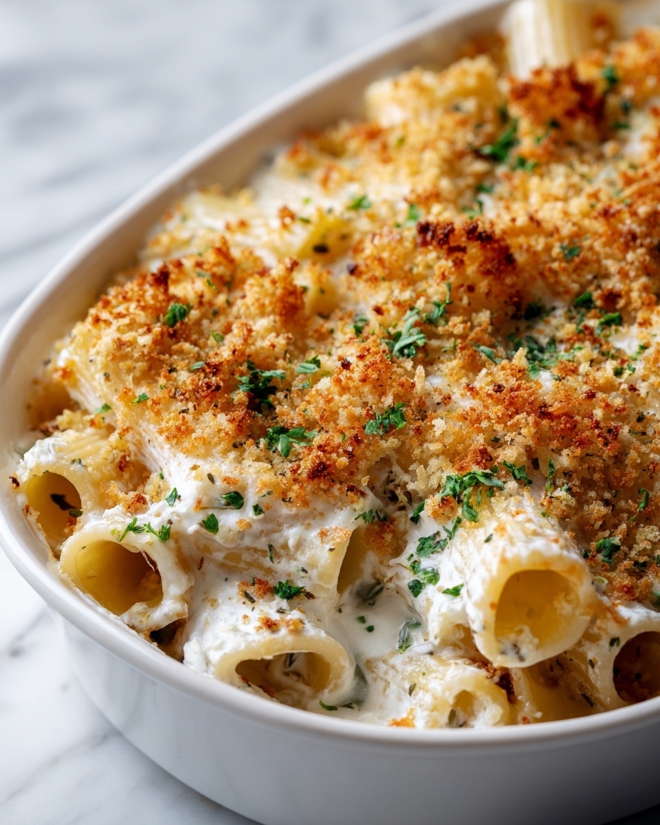 A close-up view of a baked pasta dish in a white bowl, showing rigatoni pasta covered in a creamy white sauce, topped with a layer of golden-brown toasted breadcrumbs sprinkled evenly. Small green herb pieces are scattered on the surface, adding a touch of color. The creamy sauce has a smooth texture and lightly coats the pasta tubes, while the crunchy topping contrasts with the softness below. The bowl rests on a white marbled surface. photo taken with an iphone --ar 4:5 --v 7
