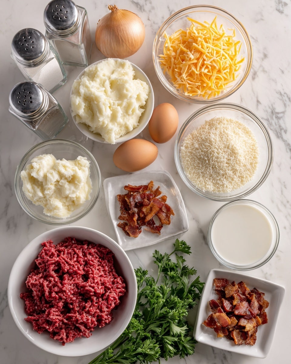 A close-up view of a thick slice of layered meat and mashed potato dish on a white plate. The bottom layer is creamy mashed potatoes with a smooth, dense texture. Above that is a rich, brown minced meat layer with a slightly chunky texture. Another layer of mashed potatoes sits on top of the meat, creamy and thick. The top layer is golden-brown melted cheese with some darker caramelized spots and sprinkled with finely chopped green herbs. Small pieces of crispy bacon and herbs are scattered on the plate near the slice. The background shows a white marbled surface and a blurred view of another dish in a white bowl. Photo taken with an iphone --ar 4:5 --v 7