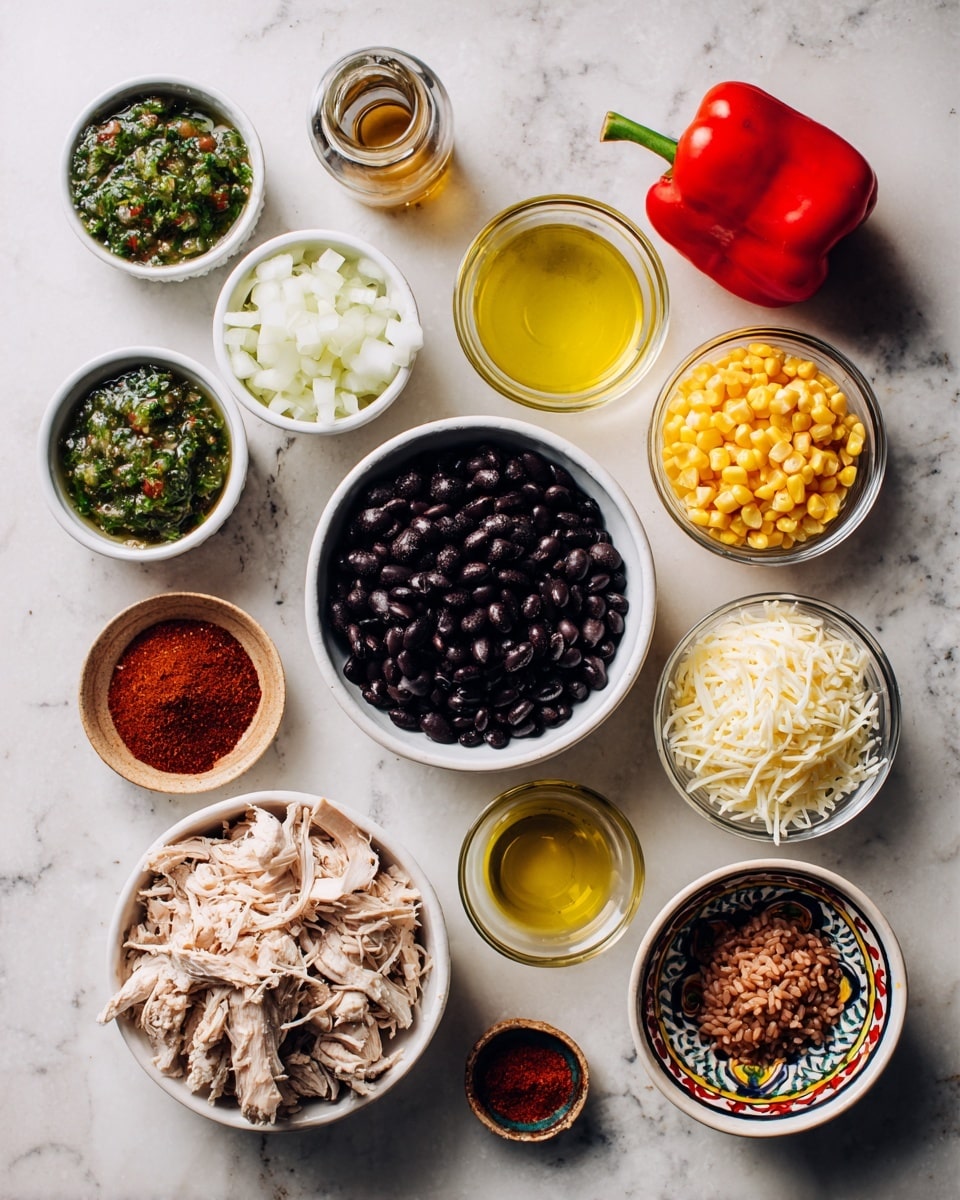 The image shows a white marbled surface with several white bowls and glass containers holding different ingredients. At the center is a white bowl filled with dark black beans. Surrounding it are layers of white chopped onions in a small ramekin, a glass bowl of green salsa, a red bell pepper, a white bowl of yellow corn, another white bowl with shredded white cheese, a small glass container of yellow oil, a small glass bowl with red tomato paste, a decorative bowl filled with reddish spice powder, a white bowl of brown rice, and a larger white bowl holding shredded light-colored chicken. The items are arranged neatly with clear separation between each one. Photo taken with an iphone --ar 4:5 --v 7