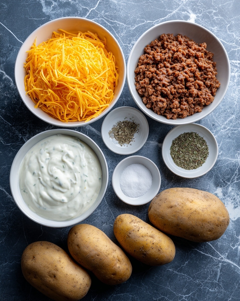 The dish shows a thick layer of soft, yellow potato slices stacked in a white bowl, covered with a rich, brown meat sauce that looks juicy and tender. The meat sauce has visible small pieces of ground meat mixed with some small darker meat chunks throughout. The potatoes have some melted yellow cheese on top, slightly browned, adding a creamy texture. Green chopped herbs are sprinkled over the top, adding a fresh pop of color. The sauce pools gently around the edges, making the dish look warm and comforting. The bowl sits on a white marbled surface. photo taken with an iphone --ar 4:5 --v 7
