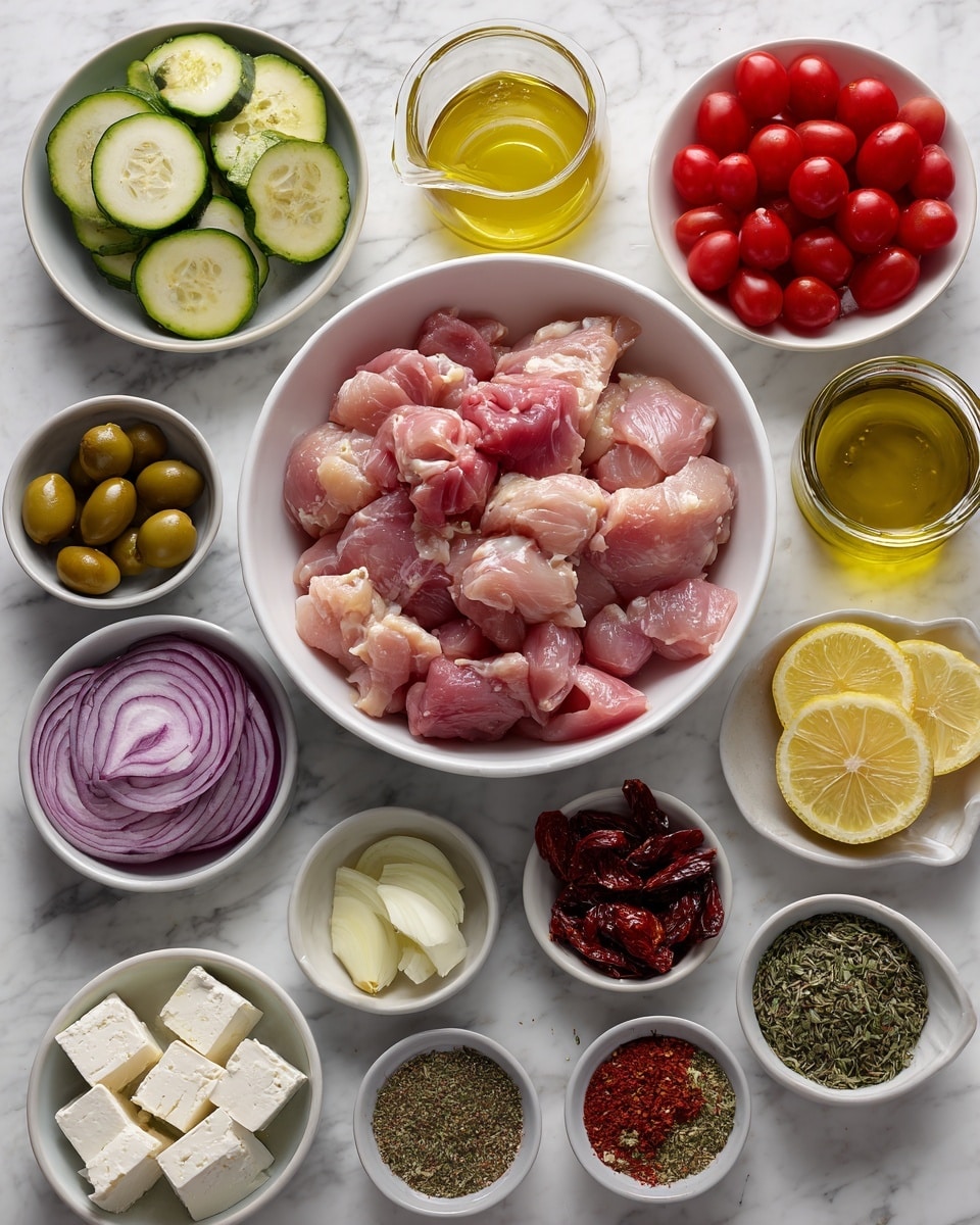 A white bowl filled with raw pink chicken pieces sits in the center on a white marbled surface. Surrounding it are several white bowls and small white and gray dishes: sliced green zucchini on the left, halved red tomatoes next to it, whole small red cherry tomatoes on the right, and bright yellow lemon halves positioned near a clear glass jar of golden olive oil. In front are cubed white feta cheese, wedges of purple-red onion, a small dish with sliced garlic in oil, another with dried green herbs, one with dried sun-dried tomatoes, another containing green olives, and a small bowl of mixed dried spices. The arrangement is neat and well-lit, photo taken with an iphone --ar 4:5 --v 7