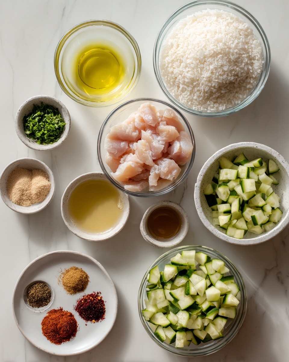 The image shows a white marbled surface with several clear glass bowls arranged carefully. The top left bowl holds a pale yellow oil, next to it a small bowl of finely chopped green herbs. Below that is a tiny bowl with light brown powder. In the center, a medium bowl holds diced light pink raw chicken pieces. To the right is a large bowl filled with white uncooked rice, and below are two sizable bowls filled with chopped green zucchini. Below the chicken bowl is a small bowl of light brown liquid, beside it a medium bowl filled with clear yellow oil. At the bottom left, a white plate contains red, light brown, and dark brown spices arranged in neat piles. The overall look is clean, bright, and organized with a soft natural light. Photo taken with an iphone --ar 4:5 --v 7