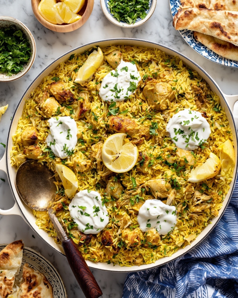 A white bowl filled with yellow rice at the base, topped with pieces of browned, seasoned chicken scattered on the right side. On top of the rice and chicken, there is a dollop of white yogurt sauce with green herb bits. A lemon wedge sits on the left edge of the bowl. Fresh chopped parsley is sprinkled on the chicken and sauce. A metal spoon is partially inserted into the rice on the left side. The surface beneath the bowl shows a white marbled texture. Photo taken with an iphone --ar 4:5 --v 7