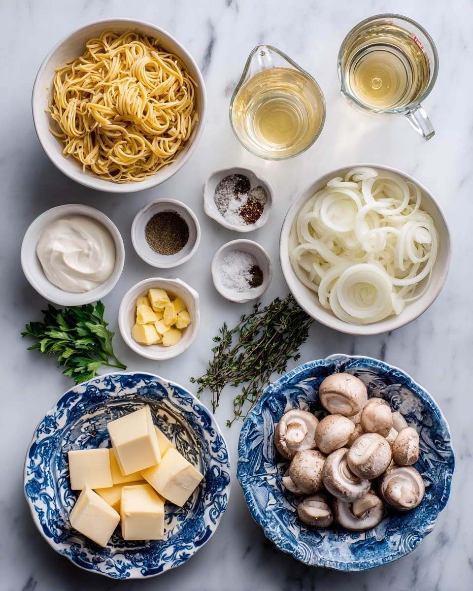 The image shows a flat lay of multiple cooking ingredients arranged on a white marbled surface. There are two white bowls filled with dry pasta on the left and thinly sliced onions on the right. A blue and white patterned bowl holds fresh cut mushrooms below the onion bowl. Small white ceramic bowls contain sour cream, mustard, flour, and lemon half. Two small round containers hold salt and pepper mix and dark Worcestershire sauce. Fresh thyme and garlic cloves rest near the top center. A small white bowl holds butter squares. Two clear glass measuring cups hold chicken stock and white wine, placed near the center. Sprigs of green parsley add a fresh touch near the bottom right. All ingredients are spaced out neatly for clear visibility, photo taken with an iphone --ar 4:5 --v 7
