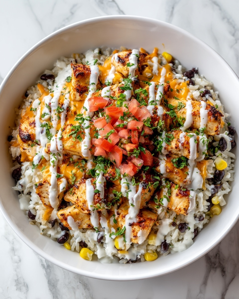 A close-up of a white bowl filled with creamy chicken and rice that is off-white with visible pieces of shredded chicken and dark grains of wild rice, topped lightly with green herbs. The bowl sits on a square red and white patterned cloth with a golden fork resting on the side. Behind the bowl are ingredients including a yellow carton of fresh packs, an open can of Campbell's cream of chicken soup, a white container of Daisy sour cream with blue and red text, and boxes of long grain and wild rice and another food product. The surface is a white marbled texture. photo taken with an iphone --ar 4:5 --v 7
