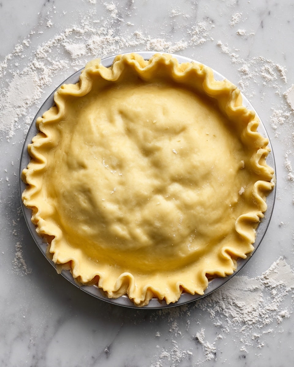 A close-up top view of a round silver pie pan filled with a raw pie covered by a smooth, pale yellow dough top that has a wavy edge all around and slight raised sections under the dough, suggesting fruit or filling underneath; the pan rests on a white marbled surface with some flour dust sprinkled around the edges photo taken with an iphone --ar 4:5 --v 7