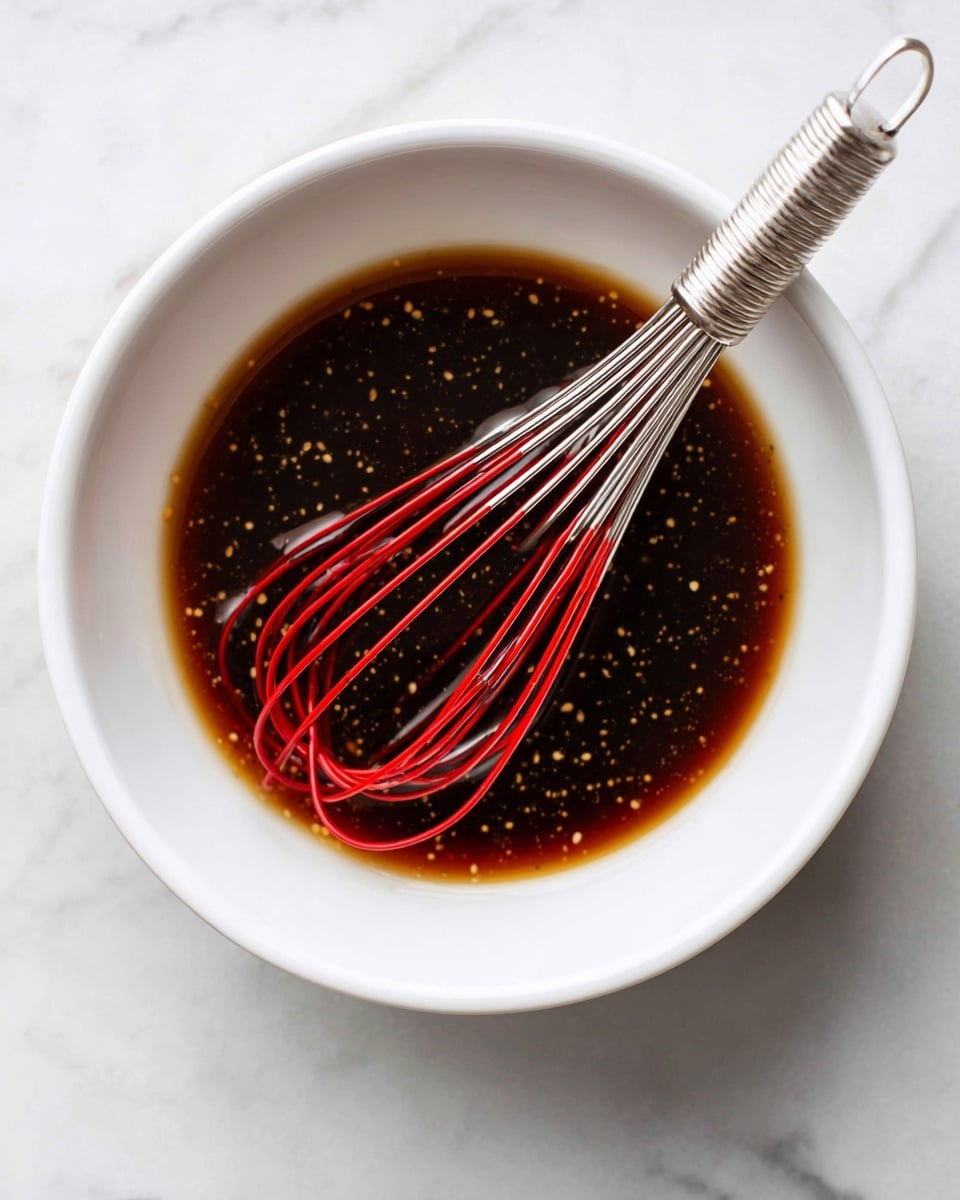 A white bowl contains a dark brown liquid sauce mixed with small black and yellow specks, showing a slightly thick texture. Inside the bowl, a stainless steel whisk with red silicone wires rests, partially dipped into the sauce. The white bowl is set against a white marbled surface. photo taken with an iphone --ar 4:5 --v 7