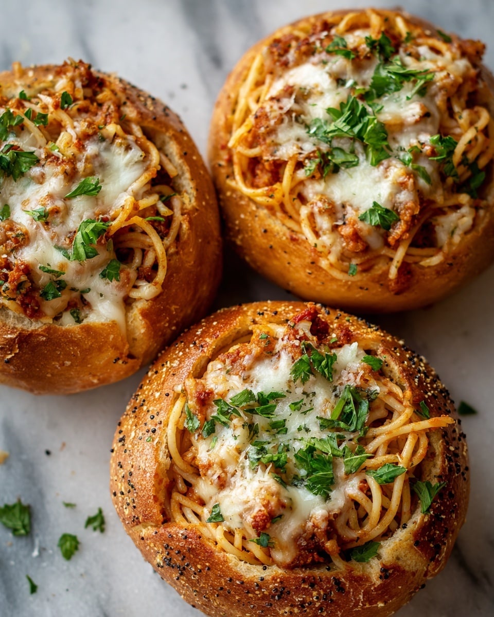 The image shows three round bread bowls filled with spaghetti. Each bowl has a golden-brown crust with a slightly rough texture and some seasoning sprinkled on the outside. Inside, long, cooked spaghetti noodles are mixed with a tomato-based sauce and small bits of meat, topped with melted white cheese that is slightly browned in spots. Fresh green parsley leaves are scattered on top of the cheese and noodles for color and garnish. The bread bowls are placed close together on a surface that has a white marbled texture. photo taken with an iphone --ar 4:5 --v 7
