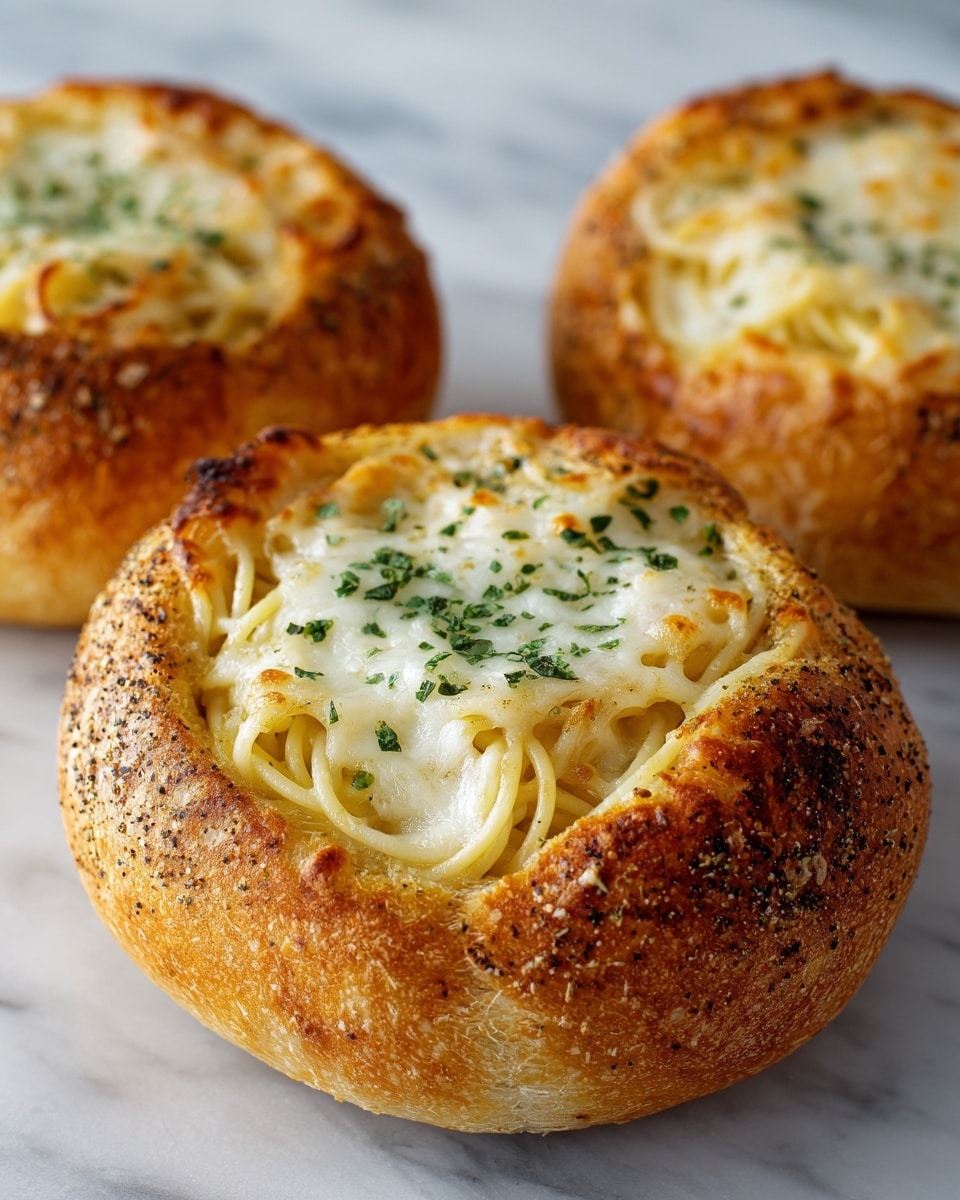 The image shows three round bread bowls with fillings. Each bread bowl has a golden brown crust with a slightly crispy texture and is hollowed out in the center. Inside the hollow part, there is a nest of cooked spaghetti noodles that are light yellow with some brown spots from baking. On top of the noodles, there is melted white cheese, browned and bubbly, with small green herb leaves sprinkled over. The edges of the bread bowls have specks of seasoning, giving a textured look. The background is a white marbled surface, and the focus is on the bread bowl in the front with the other two slightly blurred behind. photo taken with an iphone --ar 4:5 --v 7