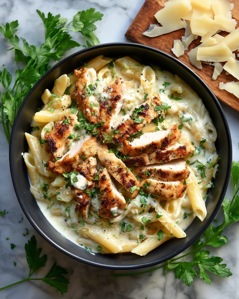 A round black bowl filled with creamy white sauce pasta and light golden grilled chicken slices mixed with yellow penne pasta. The dish is garnished with small pieces of fresh green herbs and a sprinkle of black pepper on top. The bowl is placed on a white marbled surface, with some loose green herb leaves around it. To the side, there is a wooden board with some extra penne pasta. Photo taken with an iphone --ar 4:5 --v 7