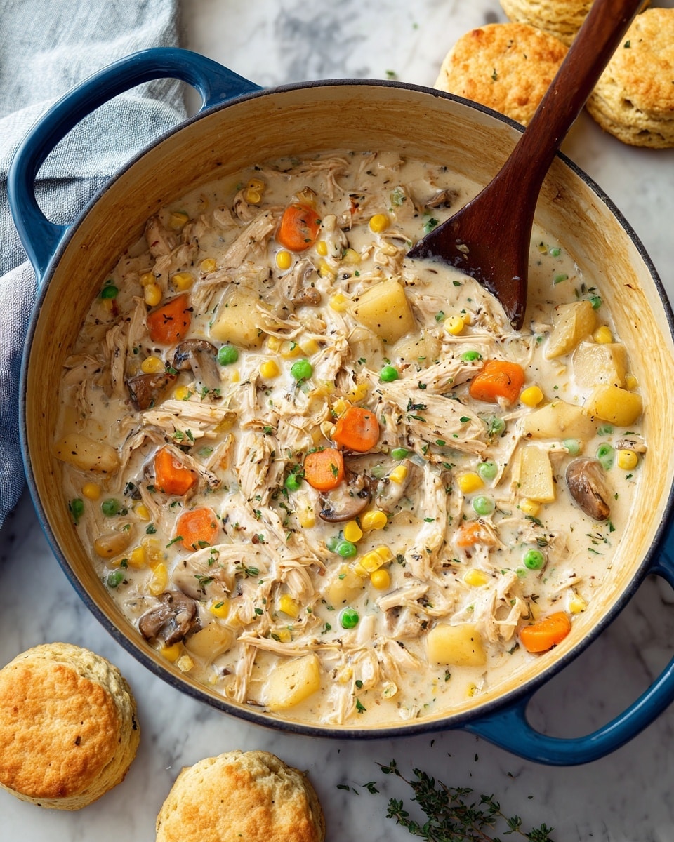 A large blue pot filled with thick creamy chicken stew, showing visible pieces of shredded light brown chicken, orange carrot slices, green peas, yellow corn, potato chunks, and small mushroom pieces in a beige sauce. A wooden spoon is resting inside the stew on the left side of the pot. The pot sits on a white marbled surface with three golden-brown biscuits placed near the top and right side of the pot. Some small green herb pieces are scattered on the surface. photo taken with an iphone --ar 4:5 --v 7