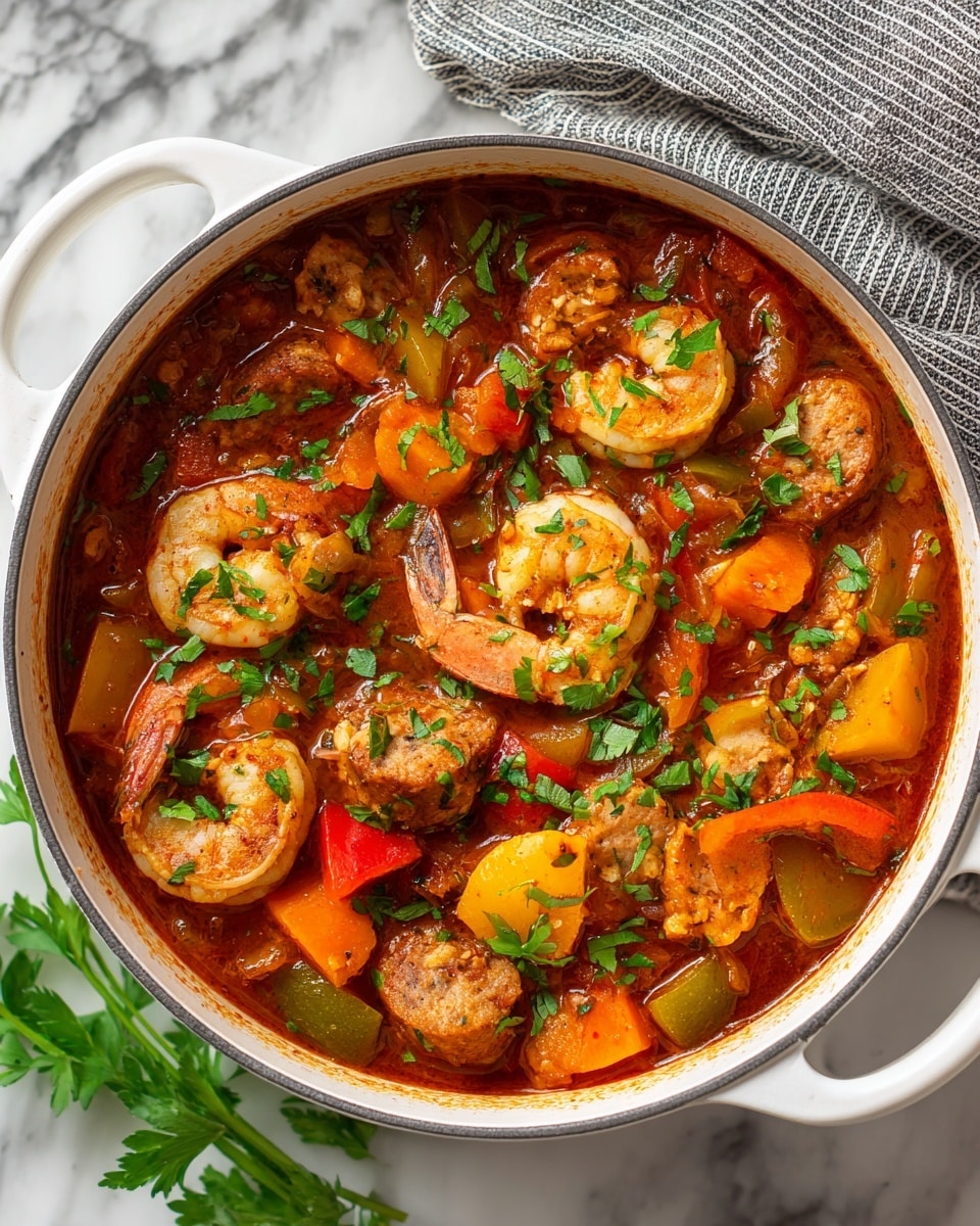 A white pot filled with a rich reddish-brown stew containing several layers of ingredients: bright orange carrot chunks, yellow and green bell pepper pieces, translucent cooked onion squares, coiled shrimp with a pink and white striped texture, browned sausage slices, and light tan chicken chunks. The stew is topped with small bits of fresh green herbs, adding a fresh look. The pot rests on a white marbled surface with a gray and white striped cloth nearby. photo taken with an iphone --ar 4:5 --v 7