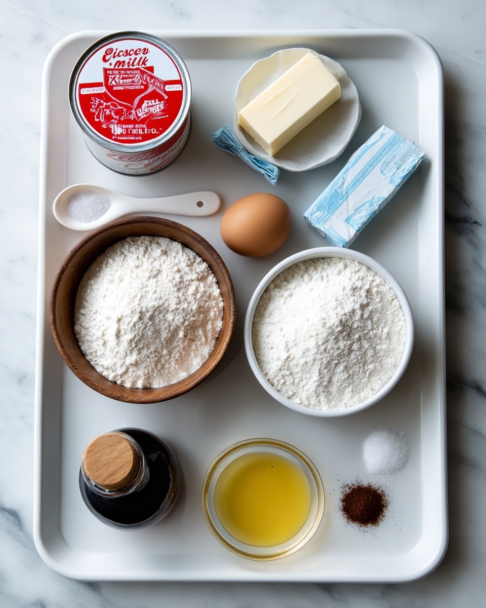 A white tray with nine ingredients neatly arranged on a white marbled surface. In the top left corner, there is a red and white can of evaporated milk. Below it, a small stick of butter wrapped in blue paper. Near the center, a brown bowl filled with white all-purpose flour, next to a small wooden bowl of white sugar. A small glass bottle of dark vanilla extract lays horizontally near the bottom center. To the right of the sugar, a small clear glass bowl with yellow oil. Near it, a single brown egg rests on the tray. A white teaspoon with salt and a small pile of dark brown yeast lie near the butter. The overall layout shows all ingredients clearly spaced out. Photo taken with an iphone --ar 4:5 --v 7