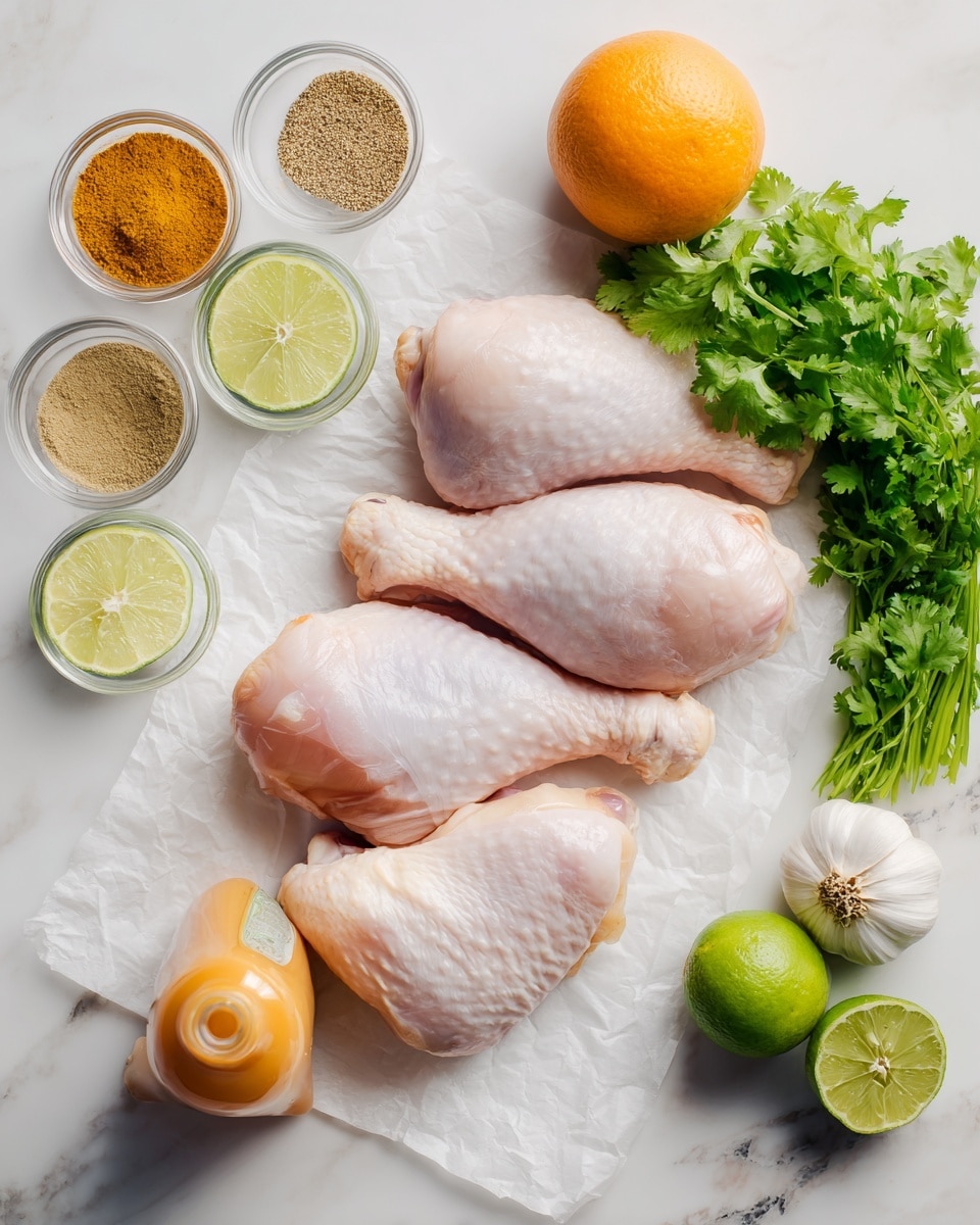 The image shows three raw chicken legs placed in a row on a white parchment paper on a white marbled surface. To the right of the chicken legs, there is a bunch of fresh green cilantro. On the left side, there are several small glass bowls with different spices in light brown, tan, and green colors. Below the bowls, there is a bottle of orange-colored sauce, a whole orange, a whole lime, a white onion, and a bulb of garlic arranged neatly. The scene is bright and clean. Photo taken with an iphone --ar 4:5 --v 7