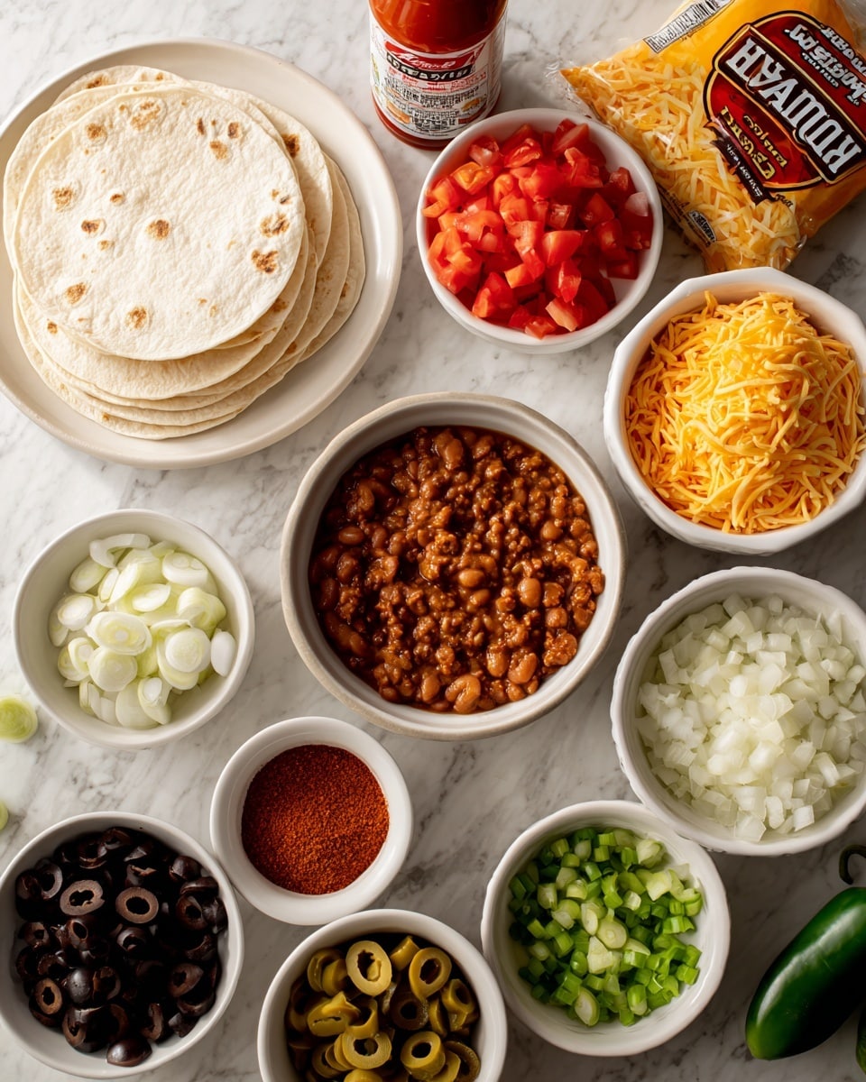 The image shows several small white bowls and plates arranged on a white marbled surface. There are flour tortillas stacked on a white plate at the top left. Next to it is a white bowl with diced red tomatoes, and behind it a bag of vegan shredded cheddar cheese is visible. A bottle of Taco Bell hot sauce stands upright near the center-left. In the middle, there is a white bowl filled with brown refried beans and a smaller white bowl with reddish-orange taco seasoning powder in front of it. To the right, a white bowl holds finely chopped white onion. At the bottom left, a white bowl contains sliced black olives, and next to it, another white bowl has green onions. A whole jalapeno pepper and a halved one are placed at the bottom right. The colors range from white and green to red and brown, with each bowl clearly separated. The photo taken with an iphone --ar 4:5 --v 7