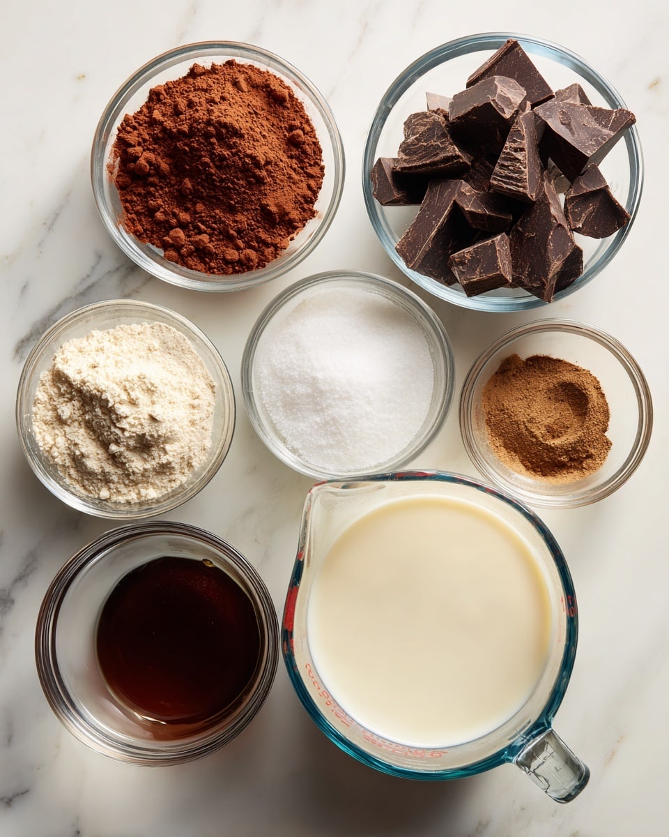 The image shows seven small clear glass bowls and one clear glass measuring cup arranged on a white marbled surface. Each bowl holds a different ingredient: the top right bowl contains dark brown chunks of dark chocolate, below it a bowl with reddish-brown cacao powder, a smaller bowl next to it with white sea salt, a small bowl on the bottom left holding cinnamon powder, a bowl near the upper left with light brown vanilla extract, another bowl just below that filled with dark chai syrup, and the large measuring cup at the bottom right is filled with creamy almond milk. Each bowl and the cup appear clean and transparent, clearly showing their contents, photo taken with an iphone --ar 4:5 --v 7