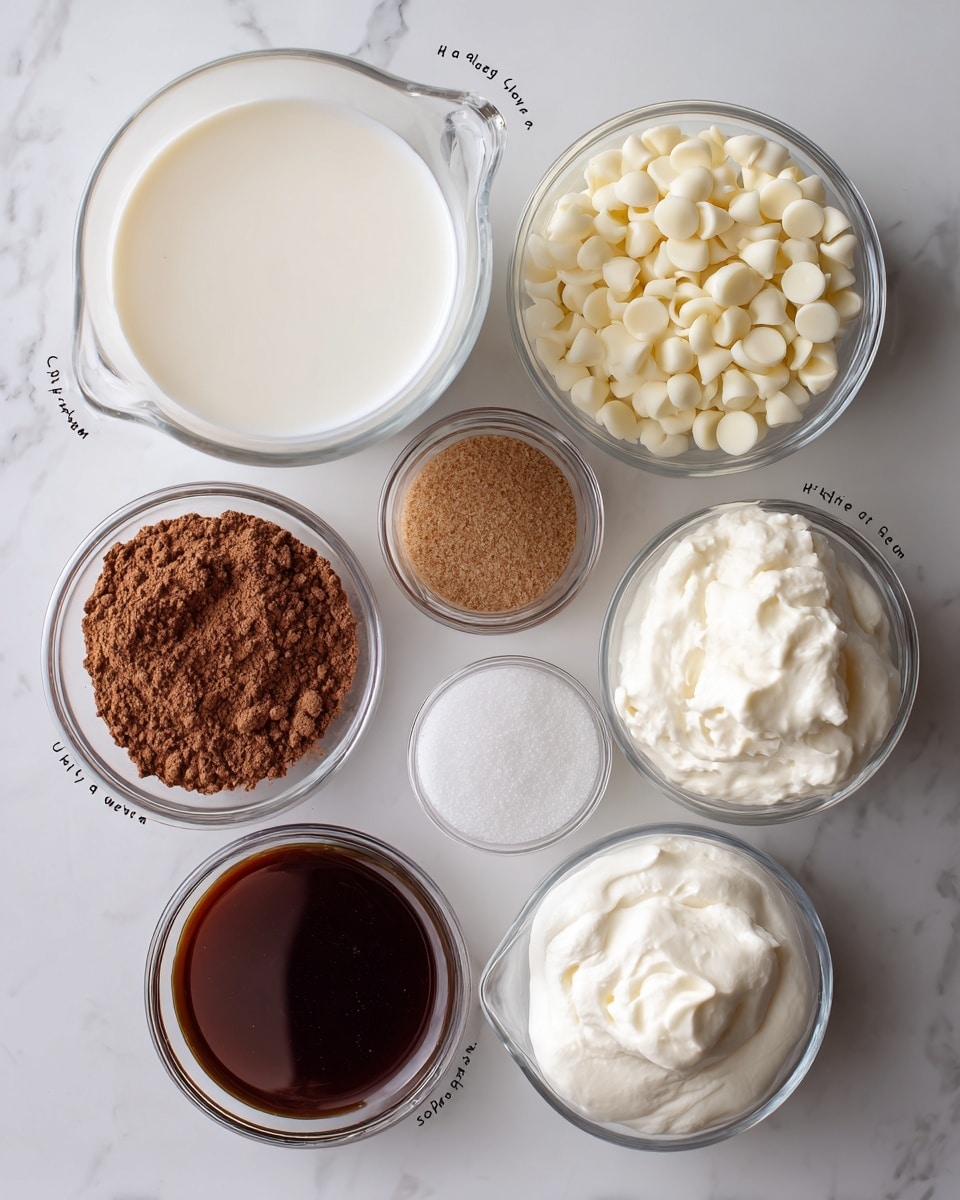 The image shows six clear measuring cups filled with different ingredients placed on a white marbled surface. The top left cup contains white milk with a smooth liquid texture. To its right, a cup holds small, round white chocolate chips. Below the milk, there is a small cup with a brown powder labeled as cinnamon sugar. Next to it is a cup with a dark brown cinnamon syrup, smooth and shiny. On the right side under the white chocolate chips, a cup contains thick white heavy cream with a creamy texture. Finally, at the bottom center, a small cup holds fine white sugar. All cups are arranged neatly with labels pointing to each ingredient. Photo taken with an iphone --ar 4:5 --v 7