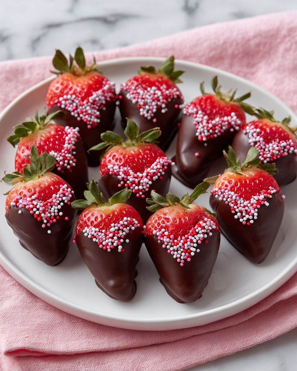 The image shows a white rectangular plate with five round strawberry slices, each topped with a smooth, glossy layer of dark chocolate and sprinkled with small white flakes. The plate is placed on a white marbled surface with a soft red and white striped cloth to the left. A white rectangular bowl filled with fresh strawberries is positioned behind the plate, with a few whole strawberries scattered on the surface nearby. A woman's hand is reaching towards one of the strawberries on the right side of the frame. photo taken with an iphone --ar 4:5 --v 7
