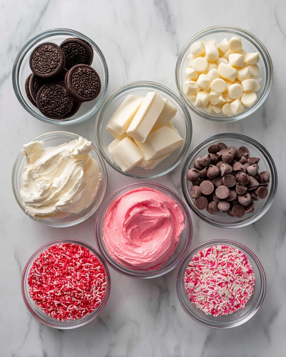 The image shows eight clear glass bowls arranged on a white marbled surface. Each bowl contains different ingredients: one has dark brown Oreo cookies, another has smooth white cream cheese, a third is filled with small white chocolate chips, and another holds light brown milk chocolate chips. There is a bowl with bright pink candy melts and three small bowls with colorful sprinkles in red, pink, and white shades. The bowls are neatly spread out, showcasing a variety of textures from smooth creams to crunchy cookies. The overall setting looks clean and organized, ready for a dessert recipe. photo taken with an iphone --ar 4:5 --v 7