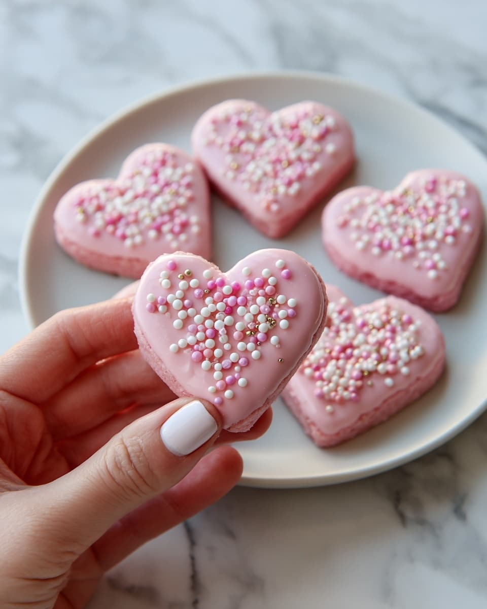 A close-up of a white plate filled with several small heart-shaped treats. Each treat is coated in pale pink with small white and darker pink round sprinkles on top. A woman's hand holds one heart-shaped treat close to the camera, showing the details of the smooth pink coating and sprinkles. The plate is placed on a white marbled surface. photo taken with an iphone --ar 4:5 --v 7