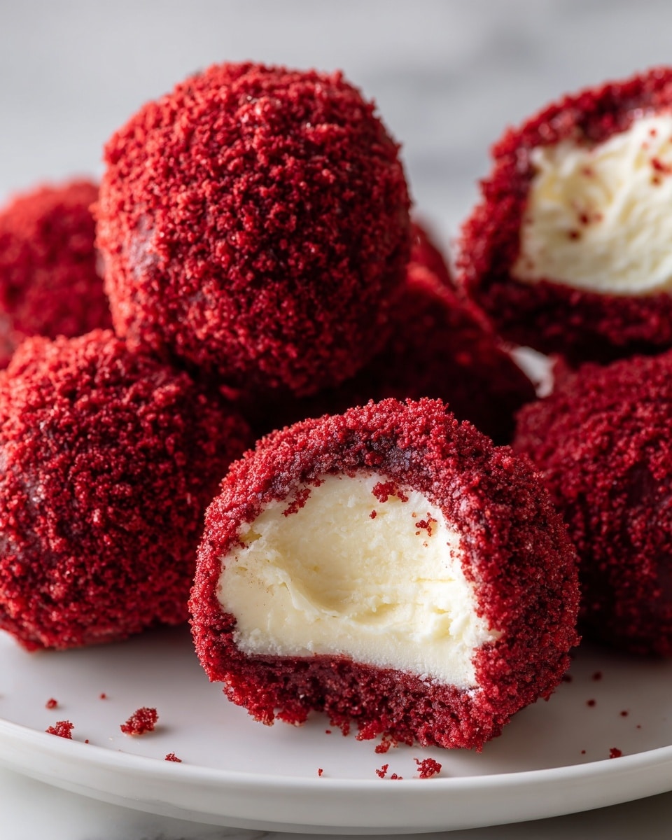A close-up image of several red velvet cake balls piled on a white plate, showing dense, bright red outer layers with a crumbly texture. One cake ball in the front is bitten into, revealing a smooth, creamy, white filling inside. The background is a white marbled texture. The image focuses sharply on the front cake ball while the other balls softly blur behind it, highlighting the contrast between the crumbly red outside and the creamy white inside. Photo taken with an iphone --ar 4:5 --v 7