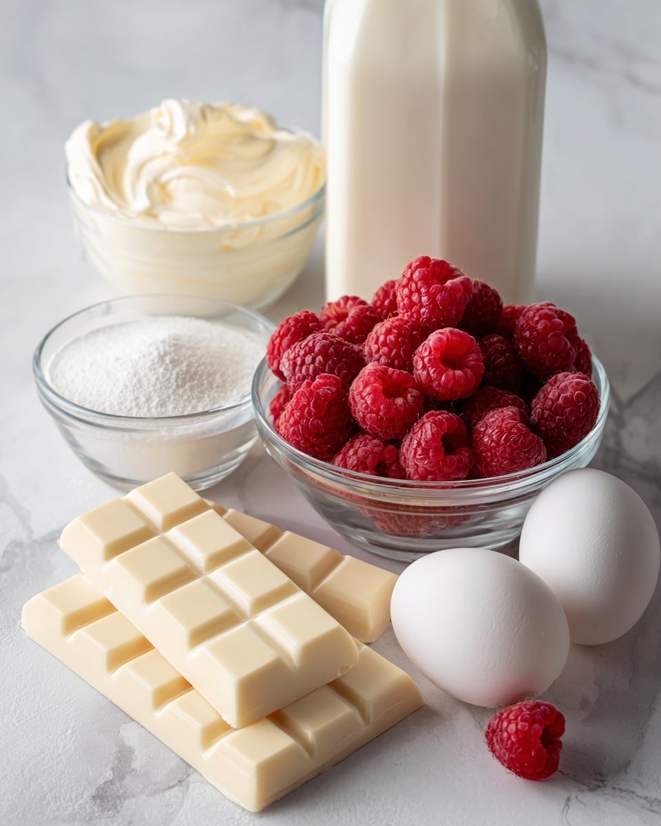 The image shows a clean, white marbled surface with ingredients neatly arranged. There is a carton of heavy whipping cream standing tall in the back, with a clear bowl filled with fresh raspberries beside it. Two white eggs are placed in front of the carton and bowl. Next to the eggs, there is a small clear glass bowl containing sugar. In front of all the ingredients, a white package of white chocolate is laid flat. The overall scene is bright and simple, emphasizing the colors and textures of the ingredients. Photo taken with an iphone --ar 4:5 --v 7