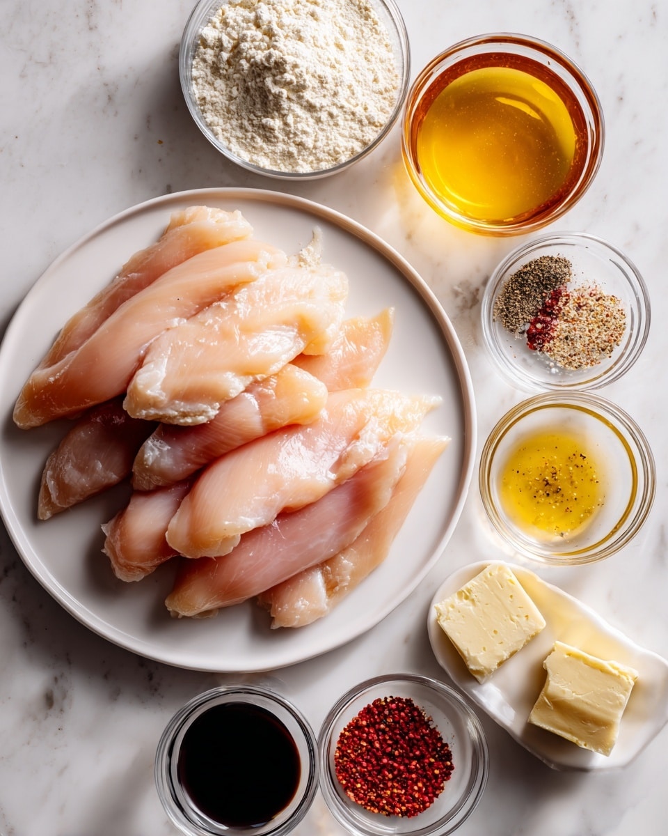 A white plate filled with several raw chicken tenders, placed on a white marbled surface. Surrounding the plate are small clear bowls holding individual ingredients: one bowl with white flour, one with golden honey, one with amber apple cider vinegar, a small bowl with salt and pepper, another with red pepper flakes, a small portion of grated garlic, a chunk of butter, and a bowl with dark soy sauce. Each ingredient is separate and clearly visible, arranged in an easy-to-see layout. photo taken with an iphone --ar 4:5 --v 7