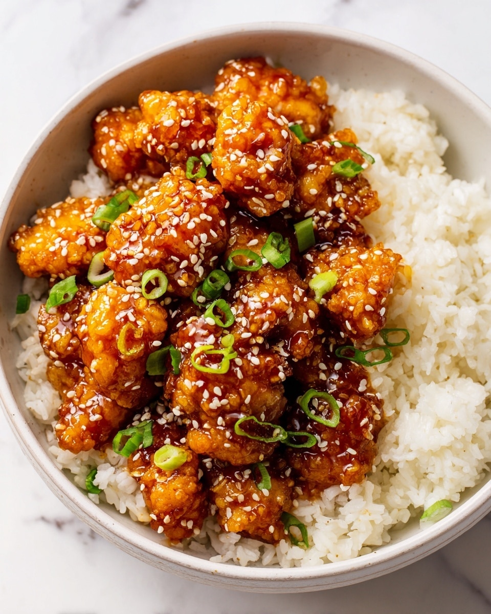 A white bowl filled with a bottom layer of fluffy white rice with a slightly grainy texture. On top, there is a thick layer of small, golden-brown pieces of crispy fried chicken coated in a shiny, sticky amber-colored sauce that looks sweet and slightly sticky. Scattered on the chicken are tiny green slices of fresh green onions and small white sesame seeds adding texture and color contrast. The bowl sits on a white marbled surface with soft natural light highlighting the glossiness of the sauce and the freshness of the garnishes. Photo taken with an iphone --ar 4:5 --v 7