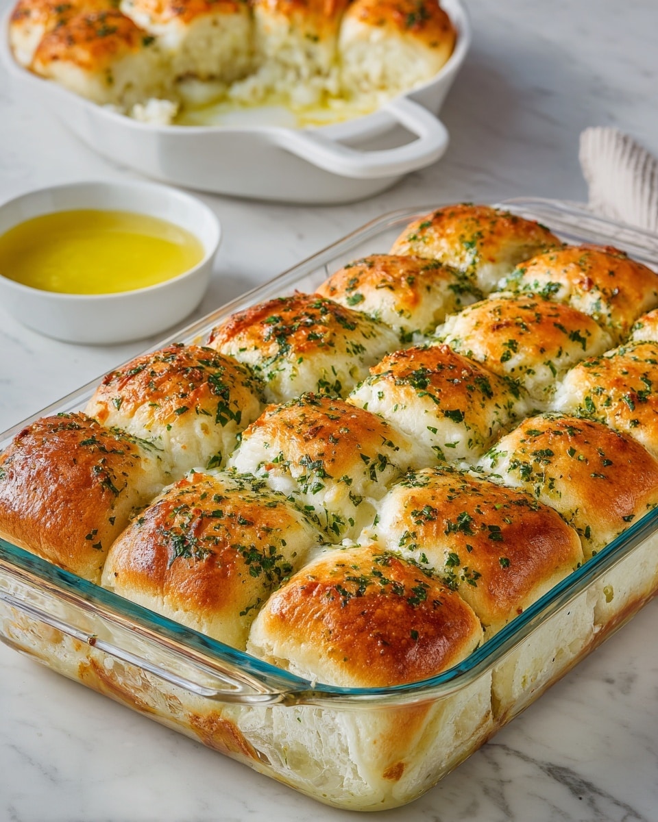 The image shows a clear glass baking dish filled with golden brown baked rolls arranged in four rows and three columns. Each roll has a flaky, crispy crust on top with a creamy, cheesy filling visible inside, showing layers of white meat stacked neatly. Bright green chopped herbs are sprinkled evenly over the rolls for color contrast. In the background, there is a white round dish with a similar baked dish and a small white bowl filled with a yellow sauce, all set on a white marbled surface. Photo taken with an iphone --ar 4:5 --v 7