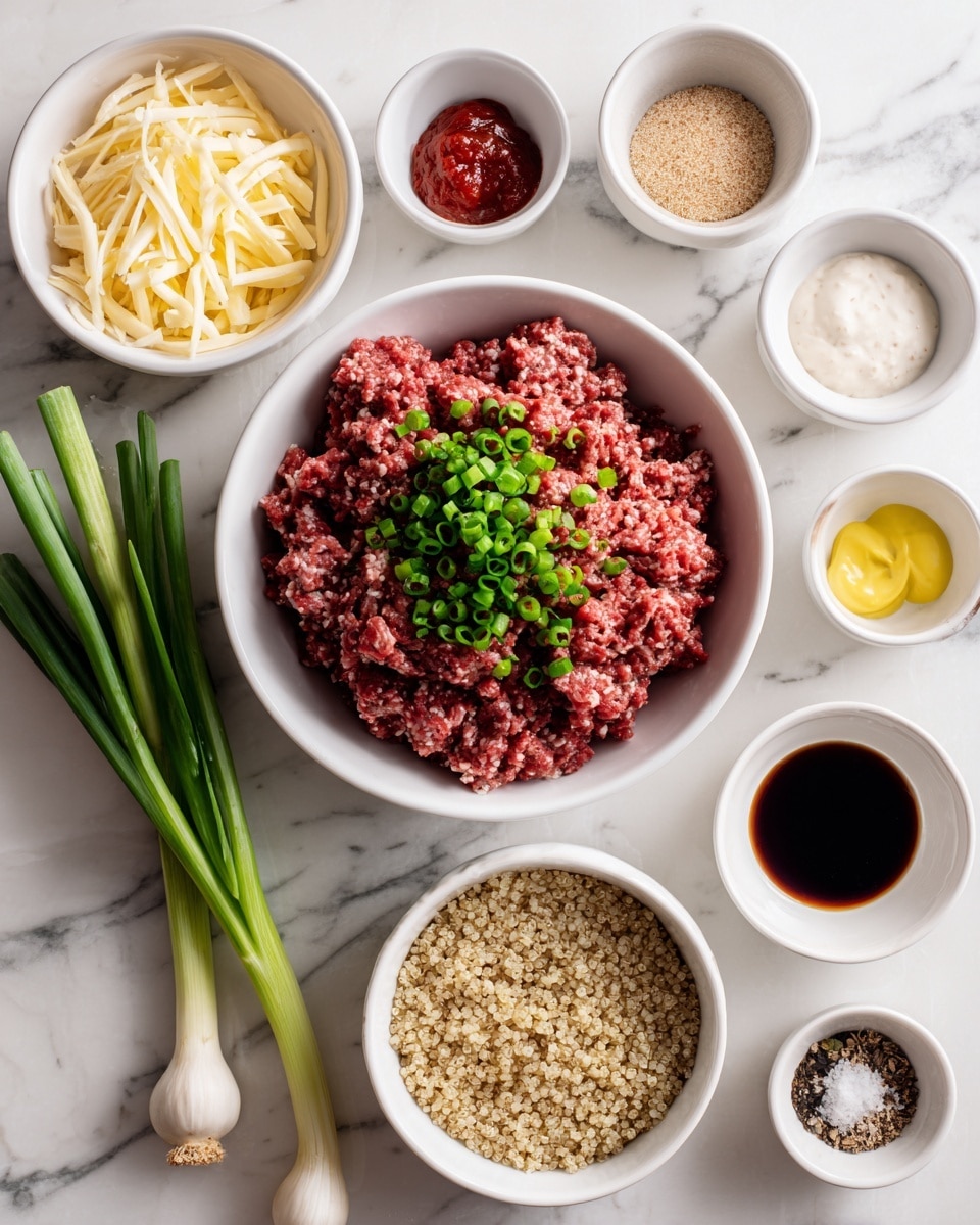 A white bowl filled with red ground meat topped with chopped green onions sits near the top center, surrounded by smaller white bowls containing various ingredients: at the top right, a bowl with pale yellow shredded cheese; below it, a bowl with light brown granular substance; at the right edge, a bowl with dark soy sauce; near the bottom right, a bowl with cooked light brown quinoa; at the bottom left, a bowl with white creamy sauce; above it, a small bowl with coarse white salt; next to it, a tiny bowl with yellow mustard; above mustard, a small white bowl with coarse black pepper and mixed spices; beside it, a small bowl with bright red paste; just below the meat bowl, a white bowl with chopped green onions; and two fresh green onions with white bulbs resting beside the bowls on a white marbled surface photo taken with an iphone --ar 4:5 --v 7