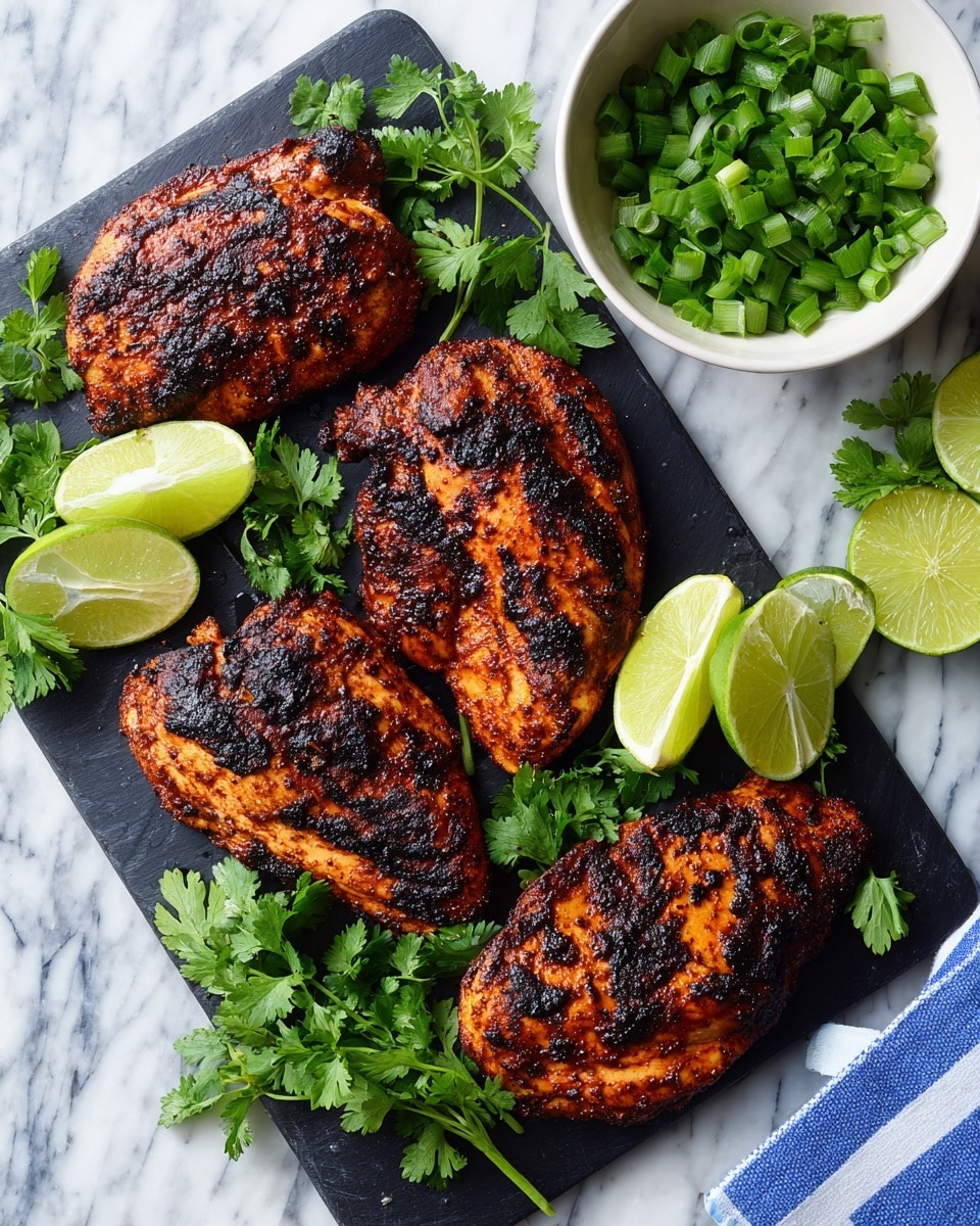 Five pieces of grilled chicken thighs with a rich, dark brown crust are arranged on a speckled black cutting board. The chicken skin has a textured look with some charred spots, showing a smoky flavor. Scattered around are bright green lime wedges and fresh, leafy parsley sprigs. In the top right corner, a white bowl filled with chopped green onions adds a bright pop of color. The black cutting board rests on a white marbled surface, next to a gray striped cloth napkin. photo taken with an iphone --ar 4:5 --v 7