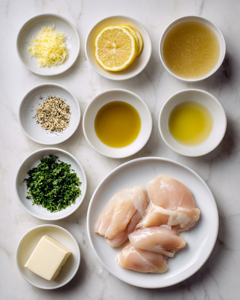 The image shows two cooked chicken pieces placed on a white plate. Underneath and around the chicken pieces are several thin lemon slices with bright yellow color and visible texture. The chicken pieces have a brown, grilled surface with black pepper and fresh chopped green herbs sprinkled on top. The chicken looks juicy with a shiny glaze, and some herb bits are lying close to the lemons. There is a silver fork to the top right of the plate, placed on a white marbled surface. Photo taken with an iphone --ar 4:5 --v 7