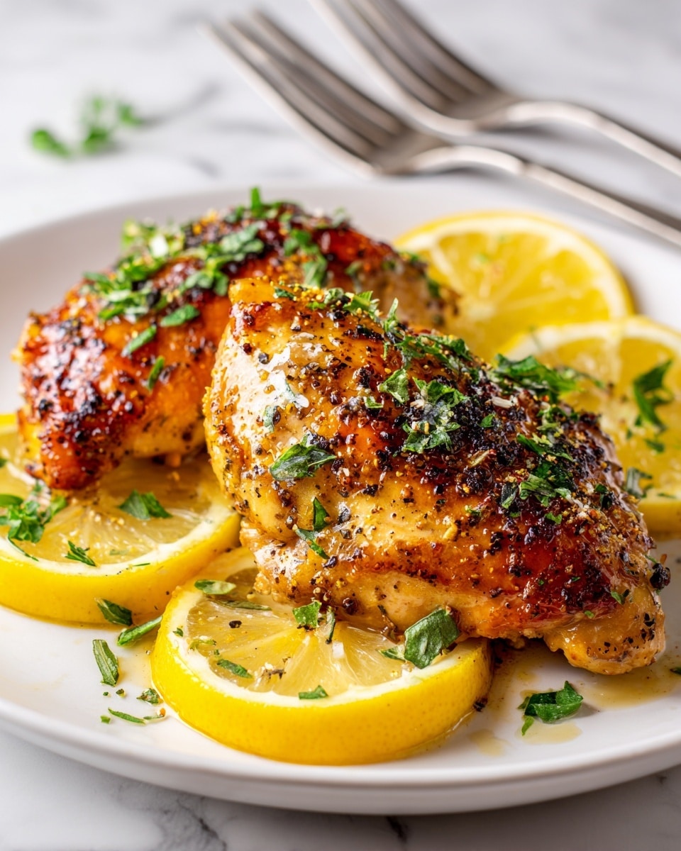 The image shows two browned, cooked chicken pieces placed side by side on a dark plate. The chicken has a golden-brown surface with a slight shine, sprinkled with black pepper and small green herb leaves scattered on top. There are two lemon slices, one on the left side of the front chicken piece and one in the background by the second chicken. The background is softly blurred, and the plate sits on a white marbled surface. photo taken with an iphone --ar 4:5 --v 7