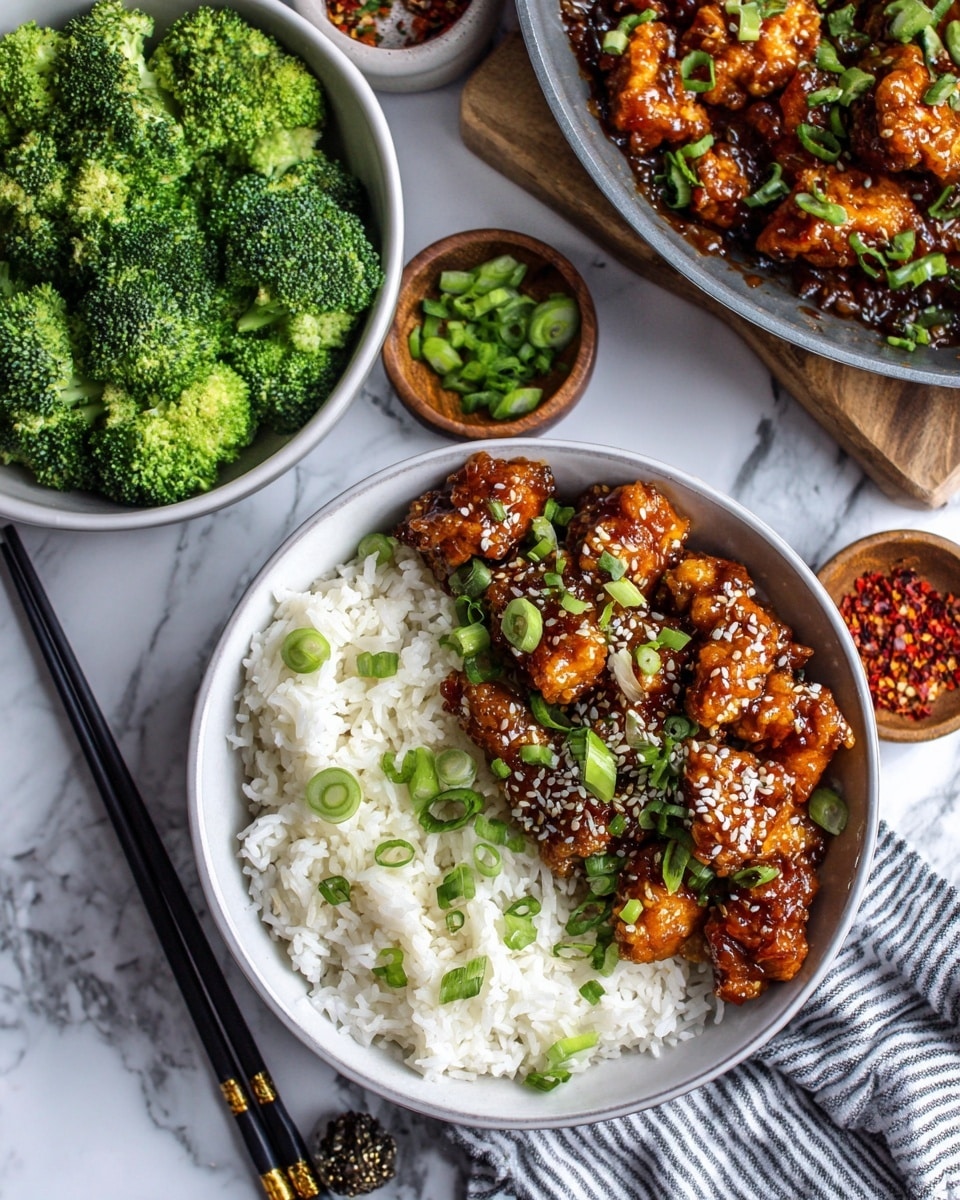 A white bowl is filled with white rice on one side and glazed chicken pieces on the other. The chicken is coated in a shiny, dark orange sauce and sprinkled with white sesame seeds and sliced green onions. Two bright orange slices rest on the rice, adding a fresh touch. The bowl sits on a white marbled surface, with small bits of green onions scattered around. Photo taken with an iphone --ar 4:5 --v 7