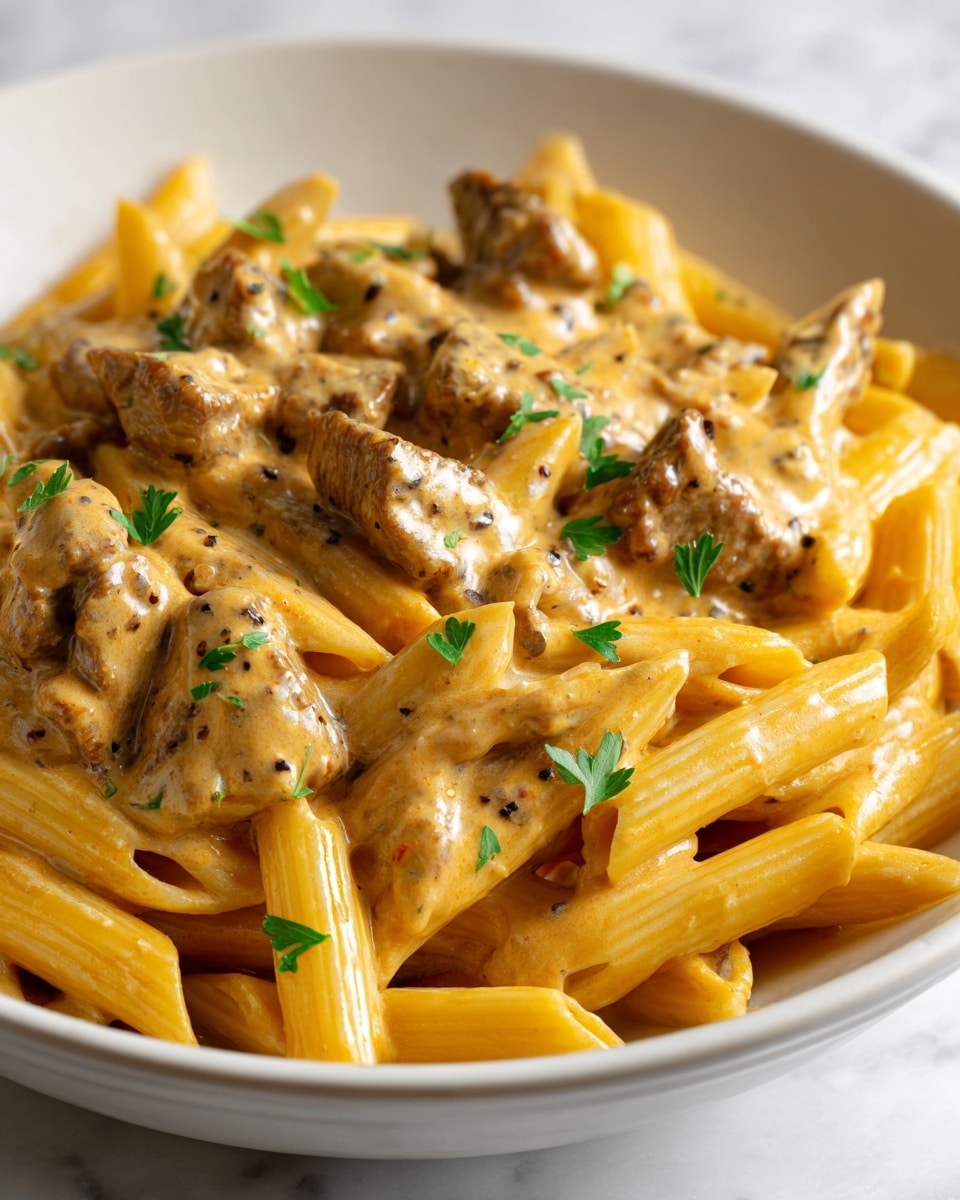 The image shows a close-up of a creamy beef pasta dish in a white bowl on a white marbled surface. The pasta is penne, coated in a thick, creamy light brown sauce mixed evenly with small chunks of cooked ground beef that appear tender and moist. Scattered throughout are pieces of bright red cherry tomatoes, adding a splash of color. The dish is garnished with small, fresh green herb leaves sprinkled on top, providing contrast to the rich, creamy textures. The overall look is warm, hearty, and inviting, with the ingredients well combined in a single-layer view. photo taken with an iphone --ar 4:5 --v 7