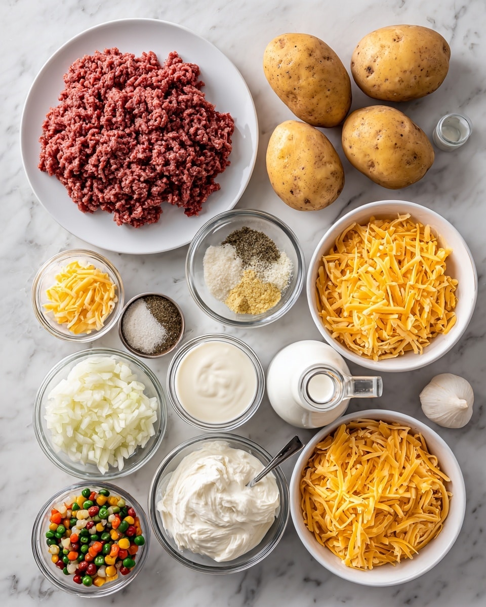 The dish is shown in a white oval baking dish filled with three visible layers. The bottom layer contains cooked ground meat with a rich brown color and crumbly texture spreading evenly. The middle layer has medium-thick slices of golden yellow potatoes arranged in overlapping rows covering the meat. The top layer features melted bright orange cheddar cheese draped over the potatoes with some patches of the meat peeking through. Fresh green chopped herbs are sprinkled lightly on the cheese for color contrast. The dish rests on a soft cloth, all placed on a white marbled textured surface. Photo taken with an iphone --ar 4:5 --v 7
