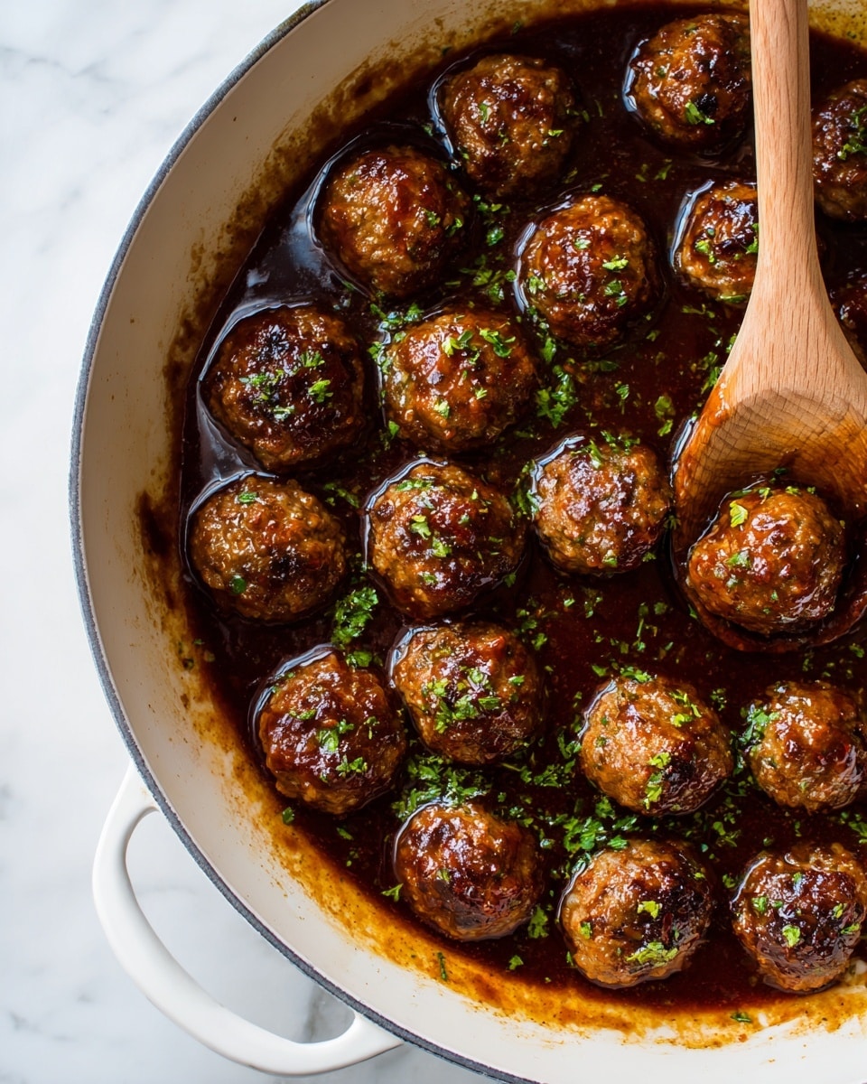 A white bowl filled with dark brown meatballs covered in a shiny sauce. The meatballs are round and have small bits of green herbs and white sesame seeds sprinkled on top. A wooden spoon held by a woman's hand is scooping some sauce from the bowl, showing the thick texture of the sauce. The bowl sits on a white marbled surface. photo taken with an iphone --ar 4:5 --v 7