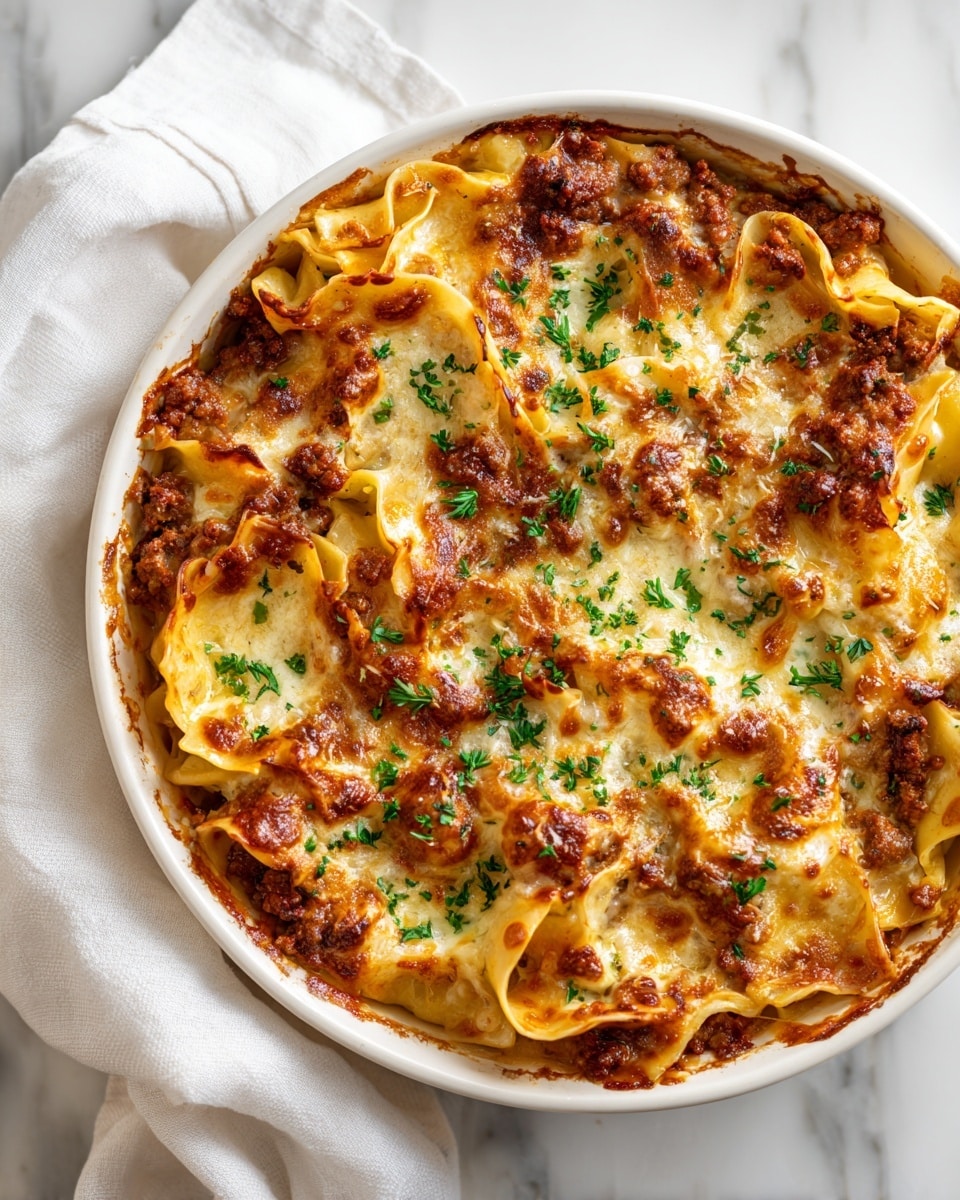 The image shows a baked pasta dish in a white round ceramic baking dish. The dish has three visible layers: the base layer is made of large, wavy-edged pasta noodles in light yellow color, the middle layer consists of browned ground meat, and the top layer is melted cheese with white and orange-yellow patches, slightly browned in spots. Small green herb pieces are sprinkled on top, adding a fresh touch. The edges of the baking dish have some browned spots where the cheese and sauce bubbled over. The dish is placed on a white marbled surface with a grey fabric partially visible underneath. Photo taken with an iphone --ar 4:5 --v 7