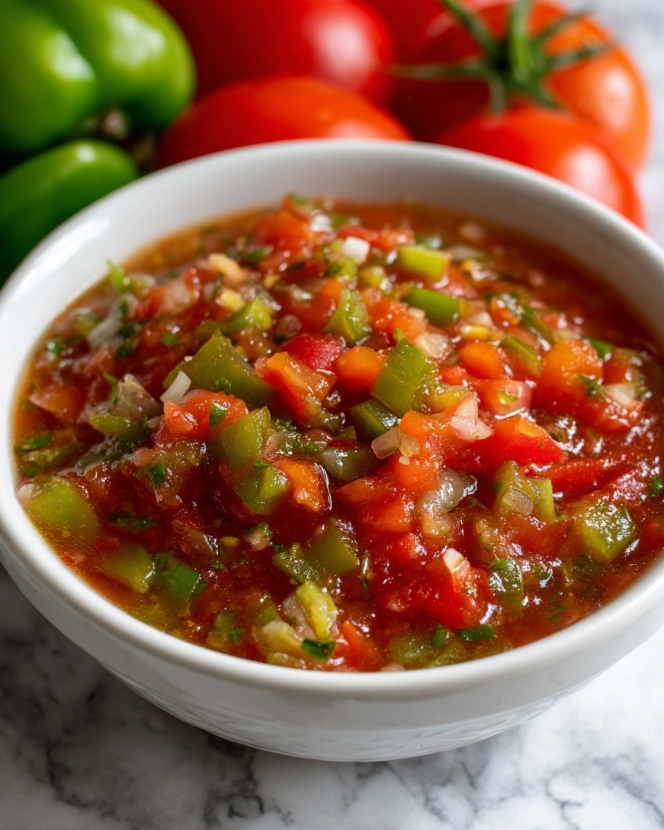A close-up image of a white bowl with a small brown flower design filled with fresh salsa made of finely chopped red tomatoes, white onions, and green jalapeños mixed with herbs, showing a wet and chunky texture. The bowl sits on a wooden surface with whole bright red tomatoes and green jalapeños around it, slightly blurred in the background, all placed on a white marbled texture. Photo taken with an iphone --ar 4:5 --v 7