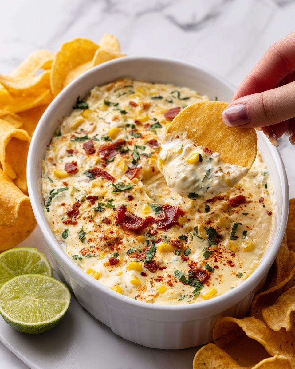 The image shows a close-up of a white oval dish filled with a creamy dip topped with yellow corn pieces, small red bits, green herbs, and lime wedges on the sides. Around the dish, there are light golden curled chips placed for dipping. In the foreground, a woman's hand holds one chip that is generously covered with the creamy dip, showing a soft, slightly textured, and light yellow surface with red seasoning sprinkled on top. The background is a white marbled texture. photo taken with an iphone --ar 4:5 --v 7