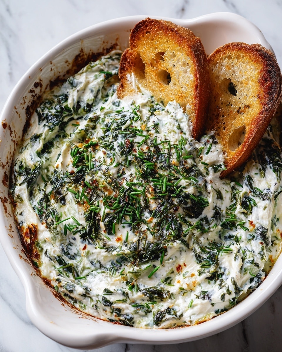 The image shows a close-up of a white baking dish filled with a creamy dip that has a thick texture. The dip has a mix of white creamy sauce and dark green leafy bits, spread evenly throughout. A toasted, light brown bread piece is partially dipped into the mixture near the center. The dish is placed on a white marbled surface. photo taken with an iphone --ar 4:5 --v 7