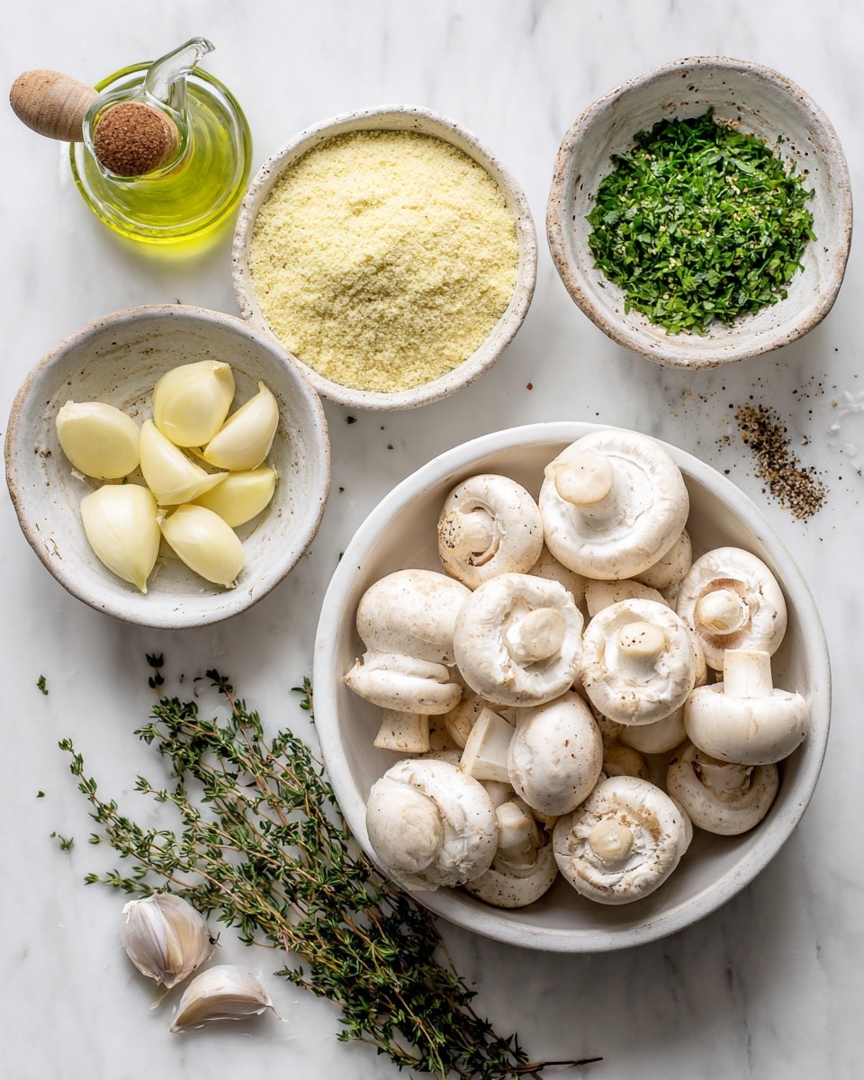 The image shows a white bowl full of whole white mushrooms on the right side. Below the mushrooms, there are fresh green thyme sprigs resting on a white marbled surface. To the left of the mushrooms, a small white bowl holds light yellow almond flour. Above this bowl, another white bowl is filled with bright green chopped parsley. To the upper right of the parsley, a smaller white bowl contains four peeled garlic cloves that are pale yellow. Next to the garlic, a white bowl with rustic edges holds a mixture of salt and pepper spices. At the top left, a small glass container with a wooden handle holds pale green avocado oil. The whole setup is on a white marbled table. Photo taken with an iphone --ar 4:5 --v 7